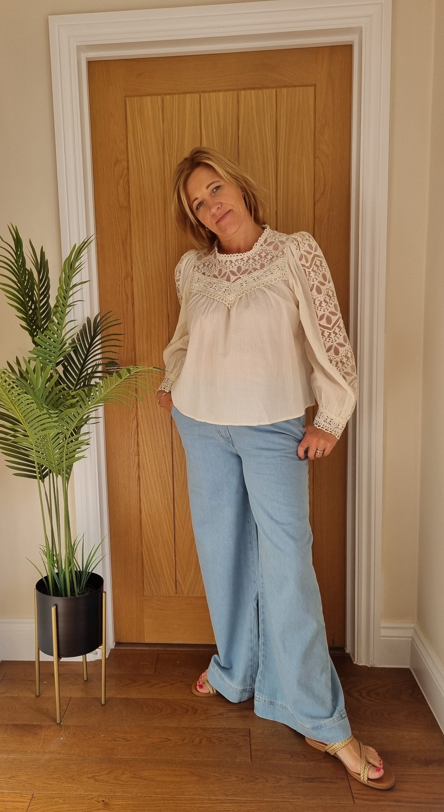 Cotton and Lace Long Sleeve Blouse-Cream