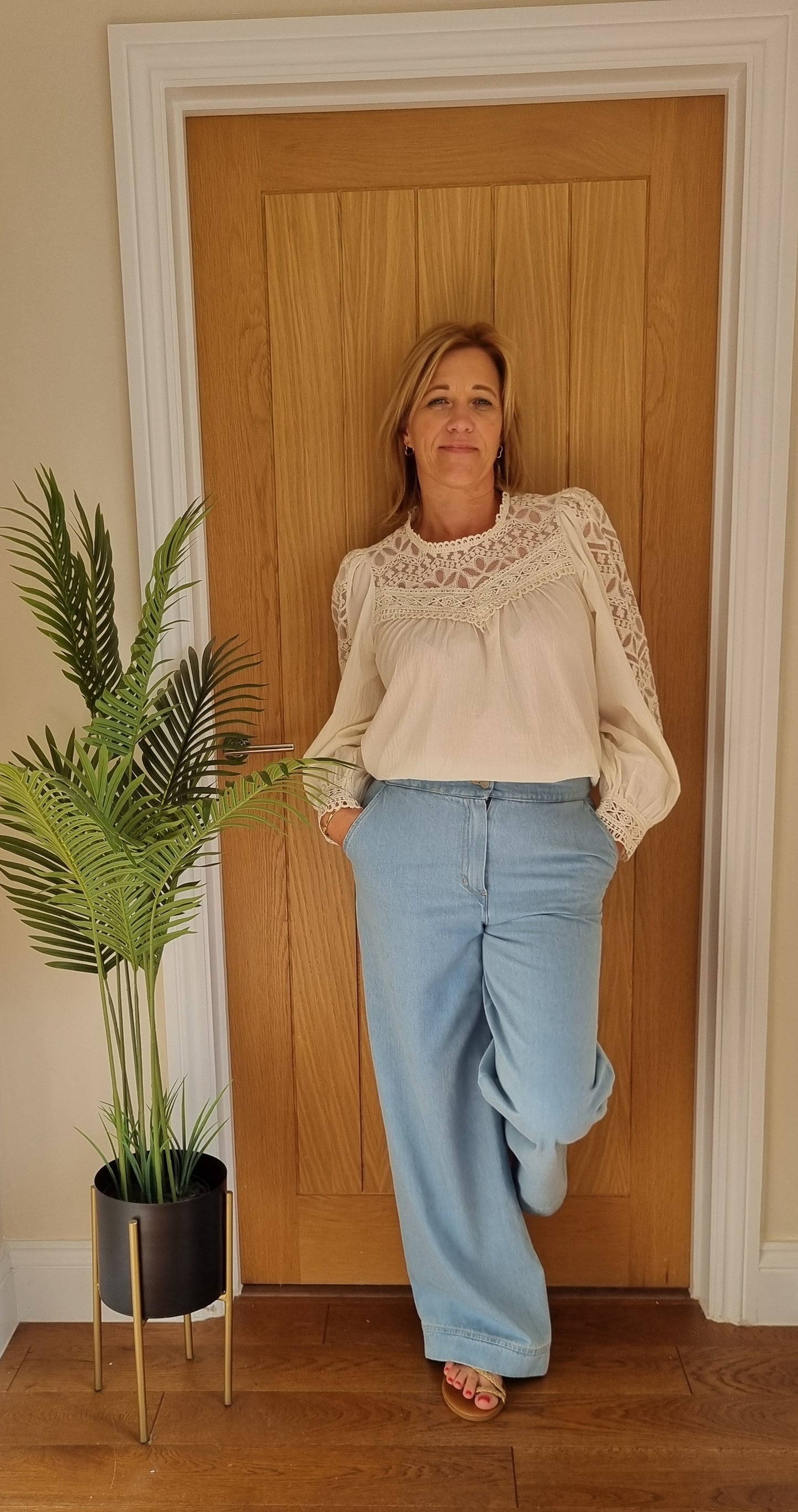 Cotton and Lace Long Sleeve Blouse-Cream