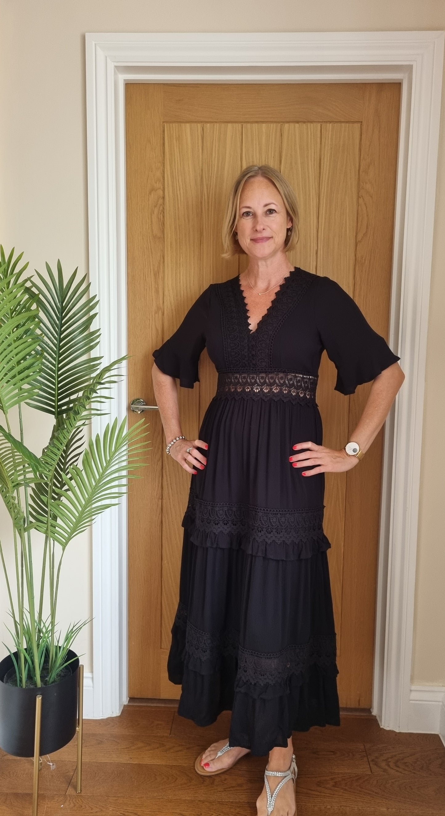 V Neck Lace Detail Midi Dress - Black