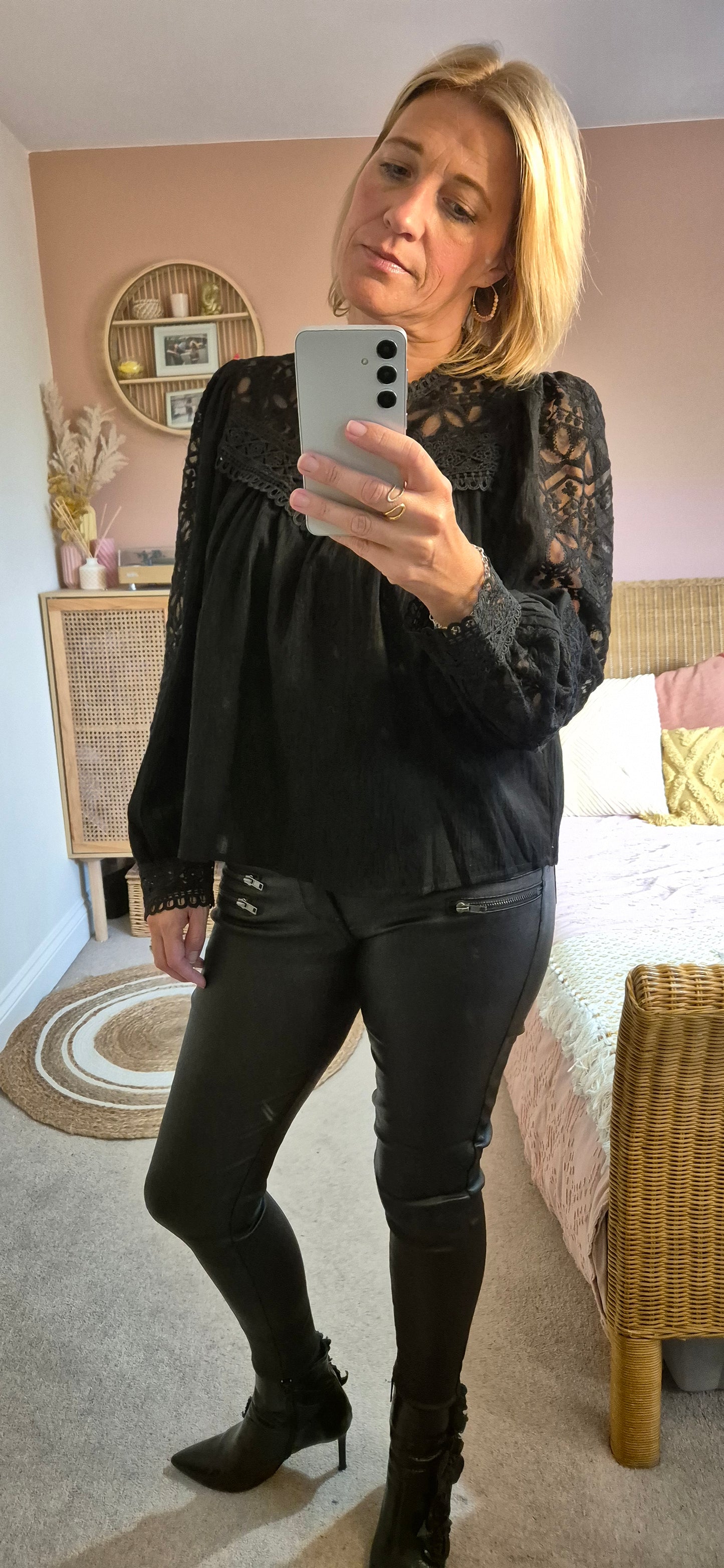 Cotton and Lace Long Sleeve Blouse-Black