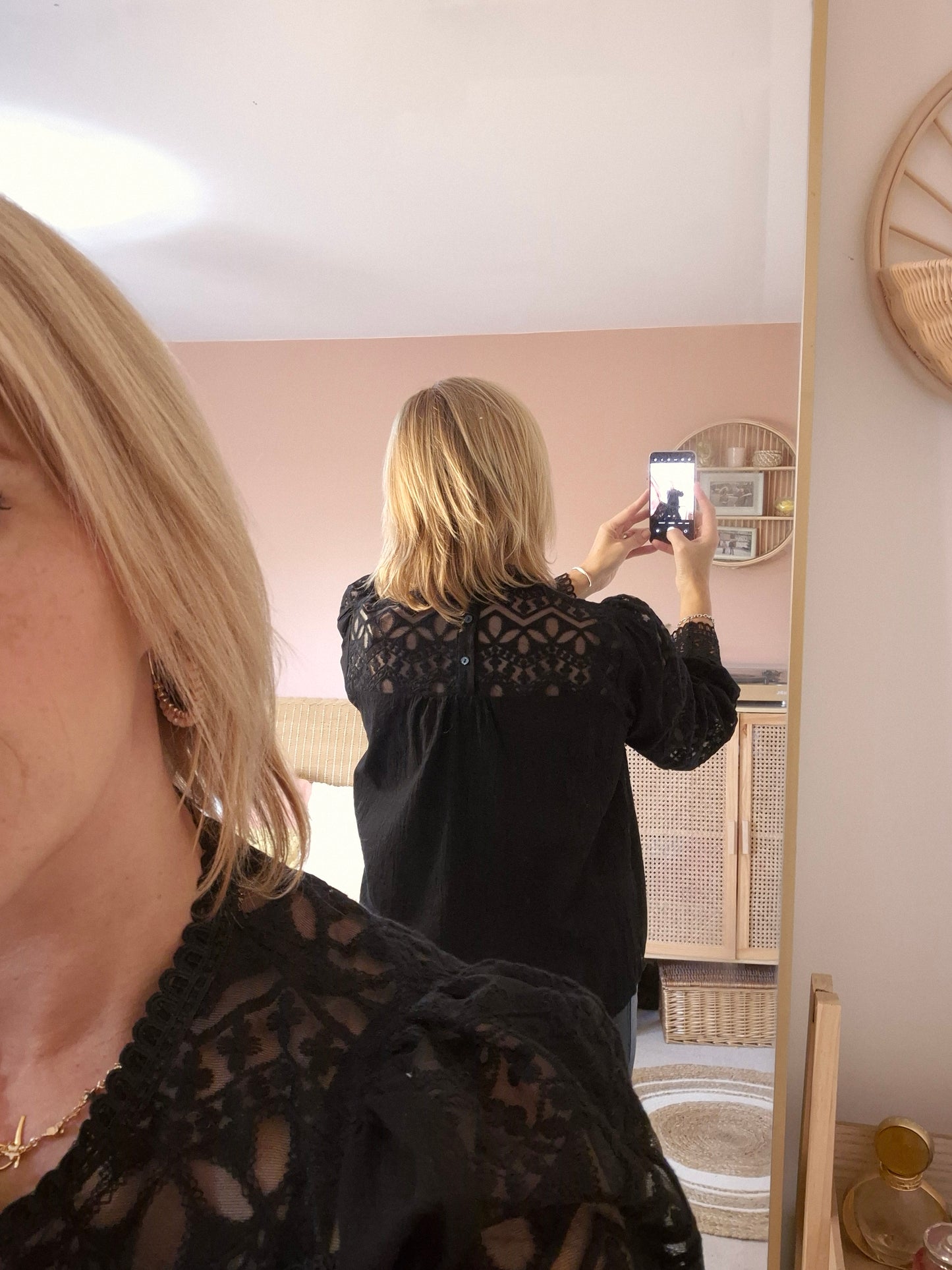 Cotton and Lace Long Sleeve Blouse-Black