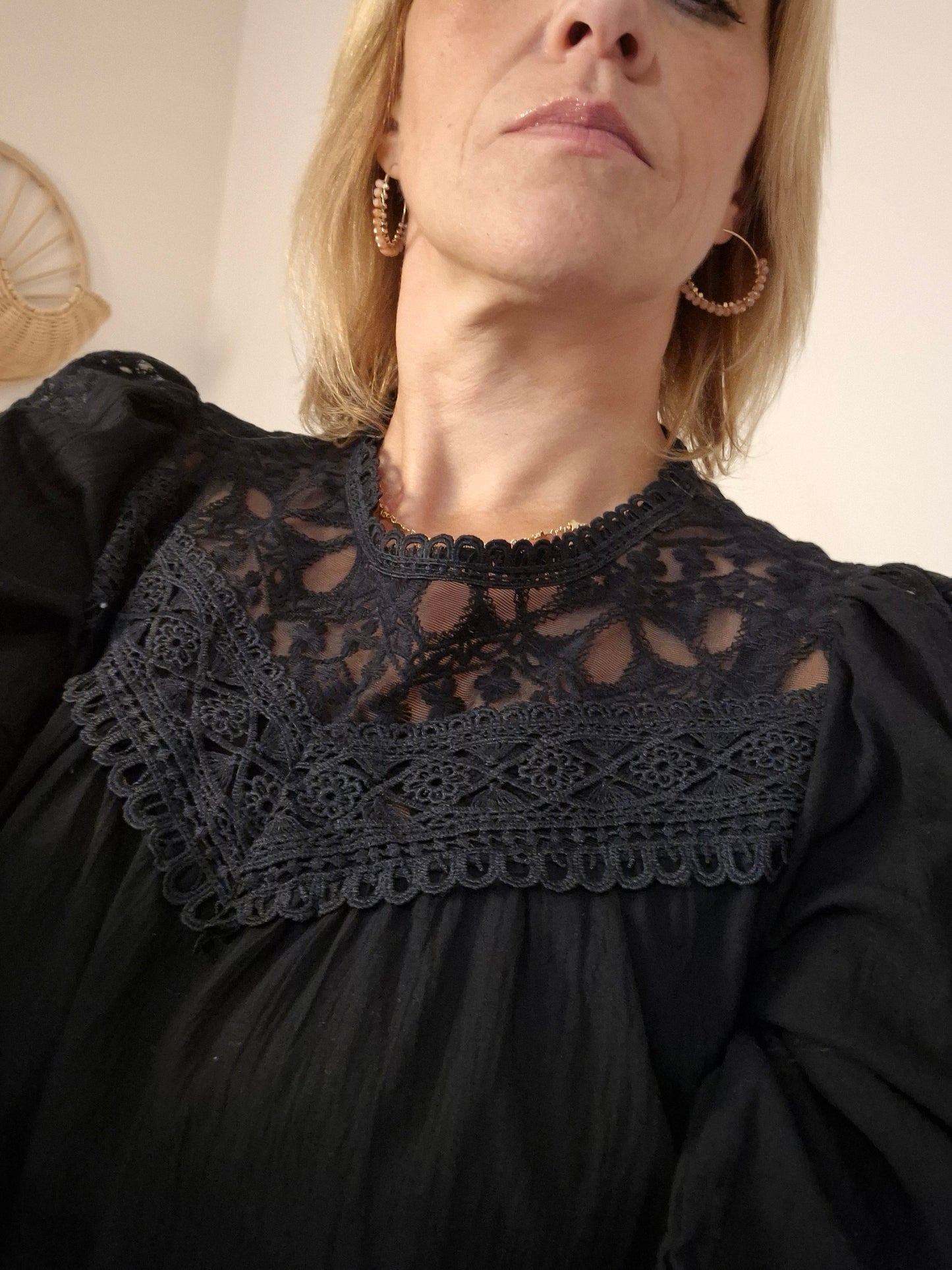 Cotton and Lace Long Sleeve Blouse-Black