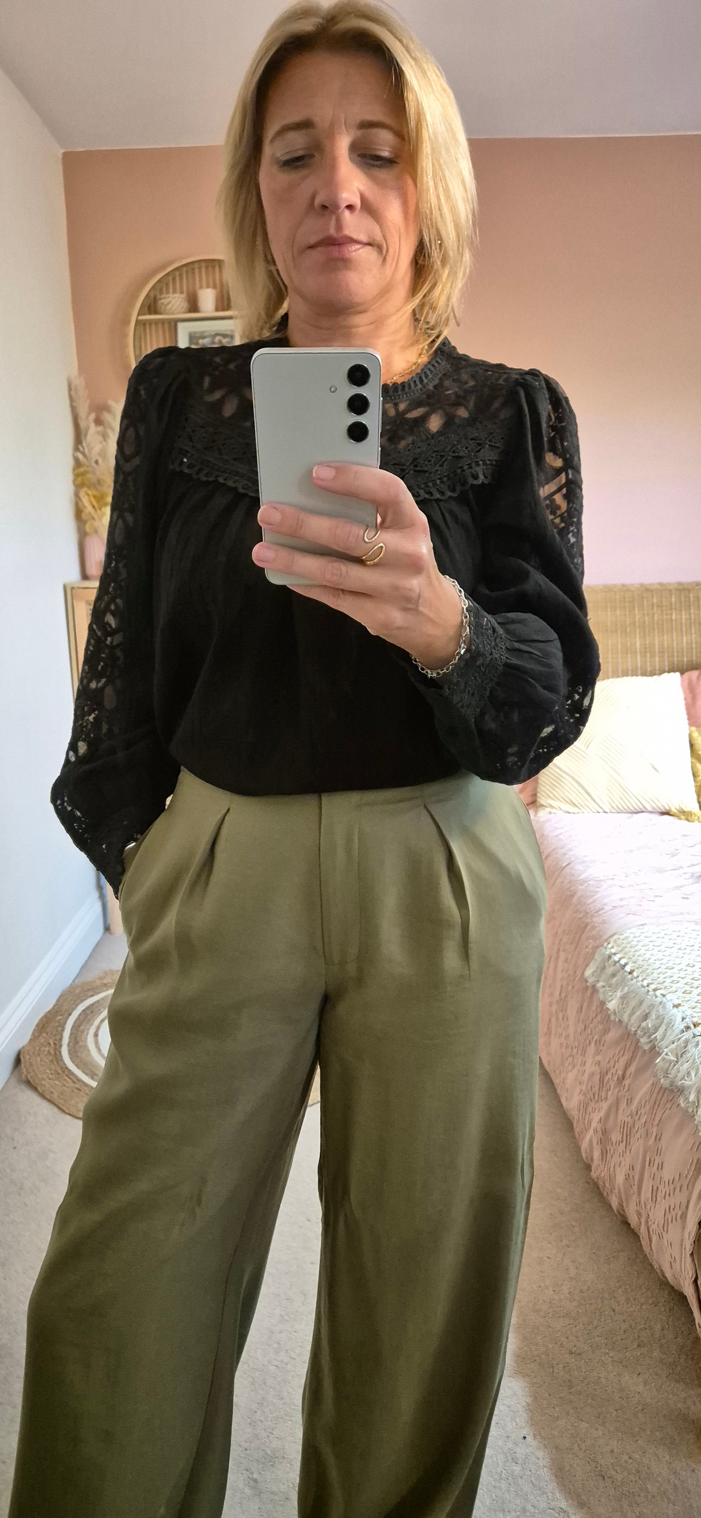 Cotton and Lace Long Sleeve Blouse-Black