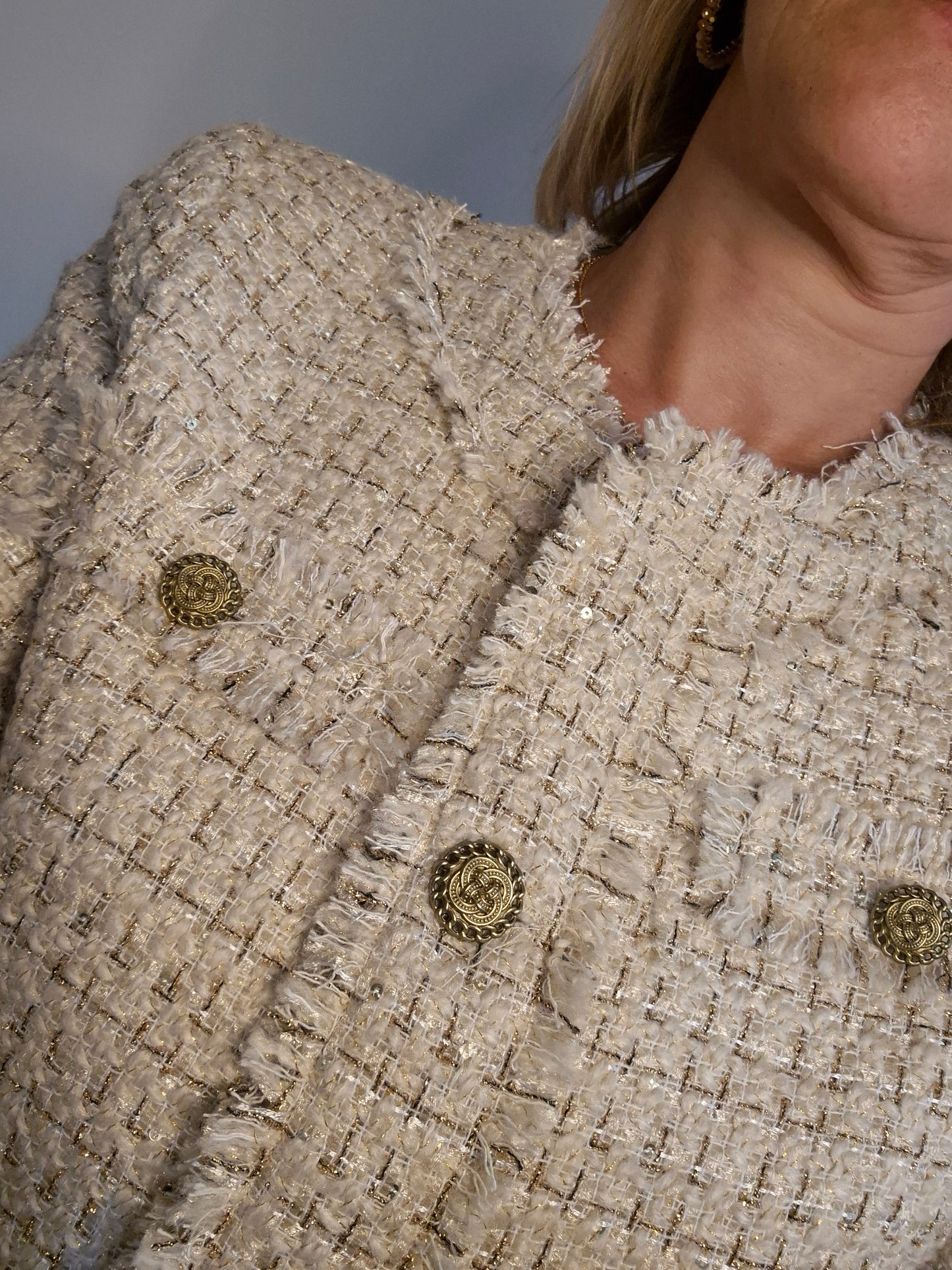 Short Box Jacket - Beige and Gold Boucle