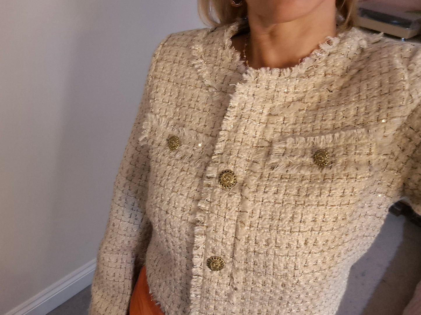 Short Box Jacket - Beige and Gold Boucle