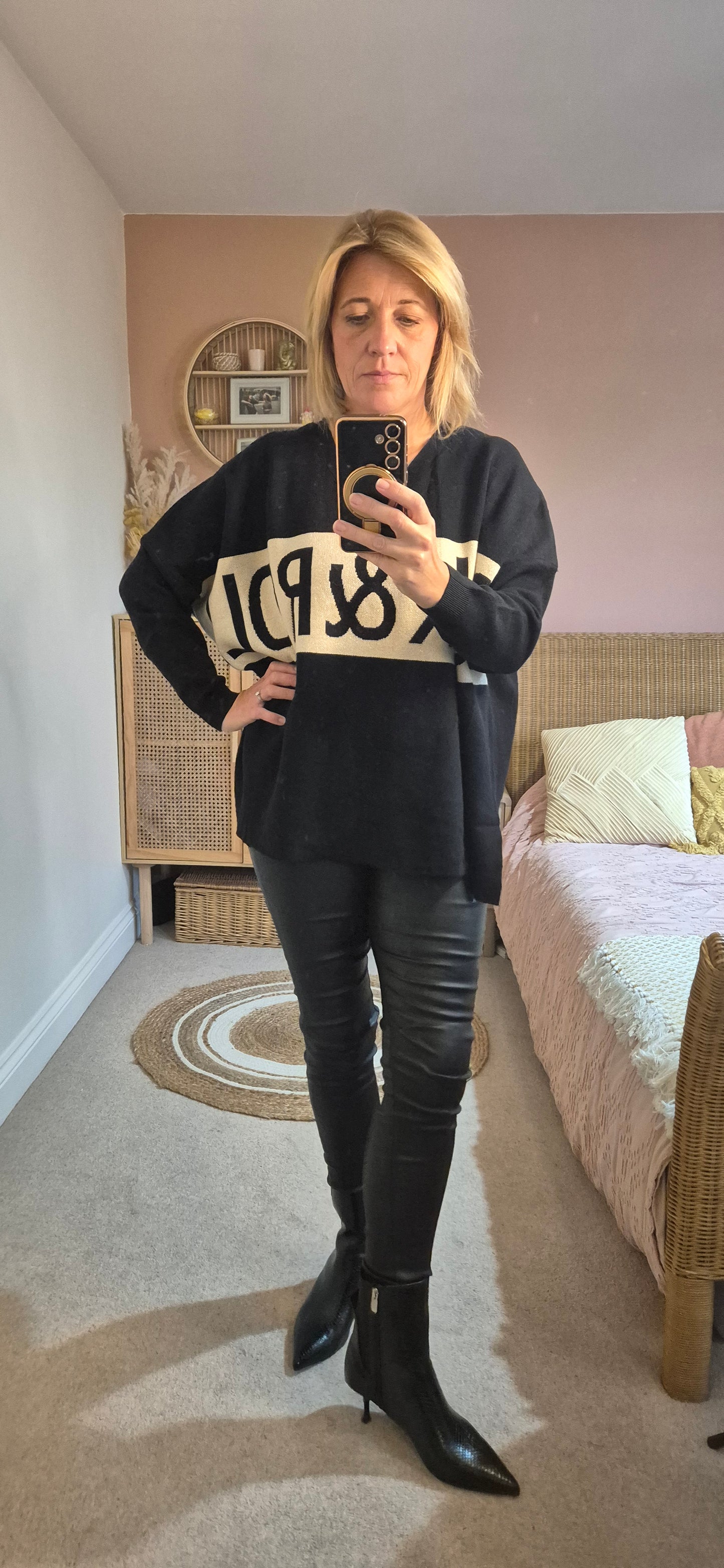 Black Rock & Roll V-Neck Jumper with Metallic Thread Detail