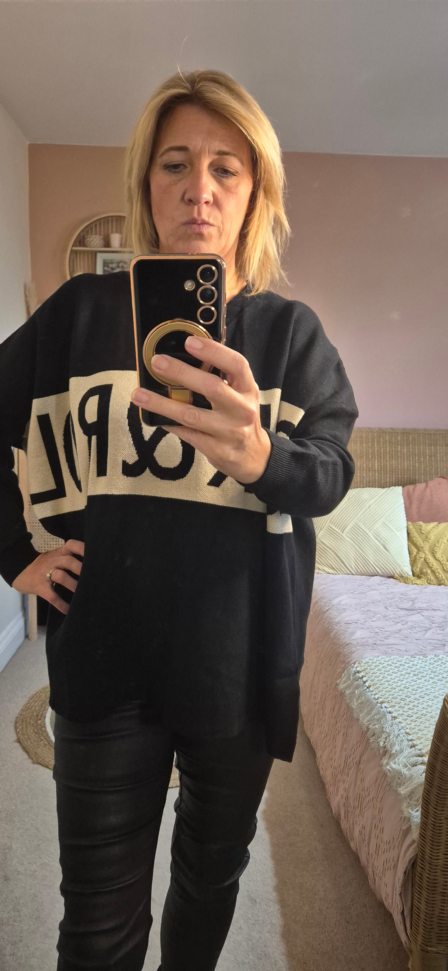 Black Rock & Roll V-Neck Jumper with Metallic Thread Detail