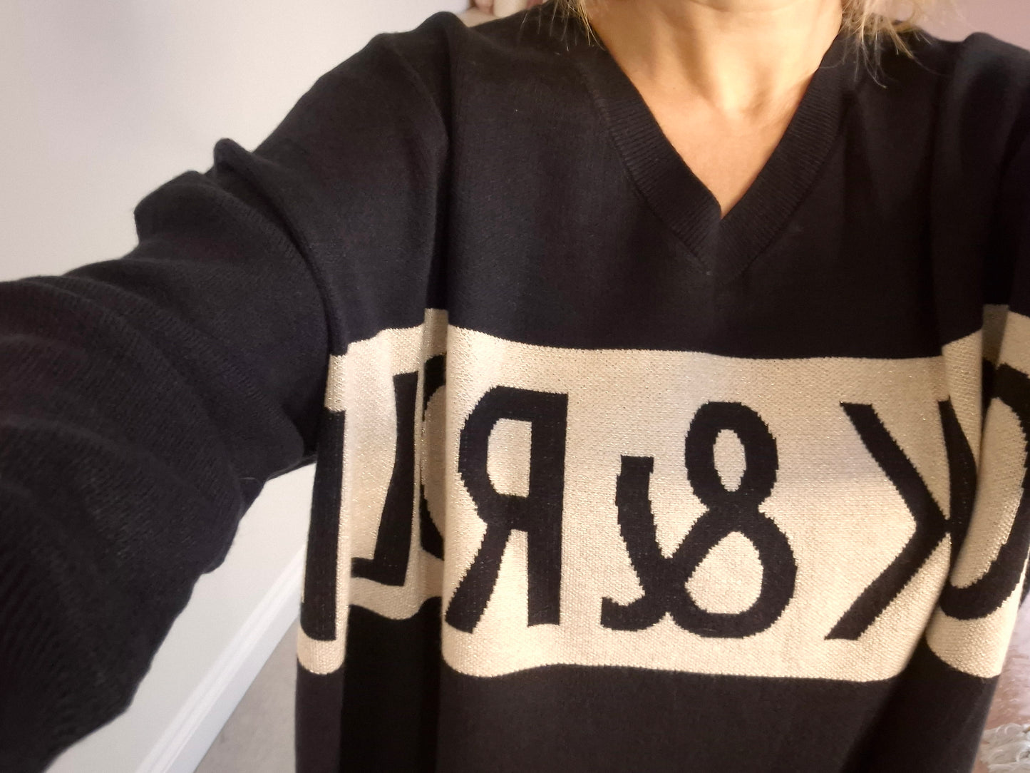 Black Rock & Roll V-Neck Jumper with Metallic Thread Detail