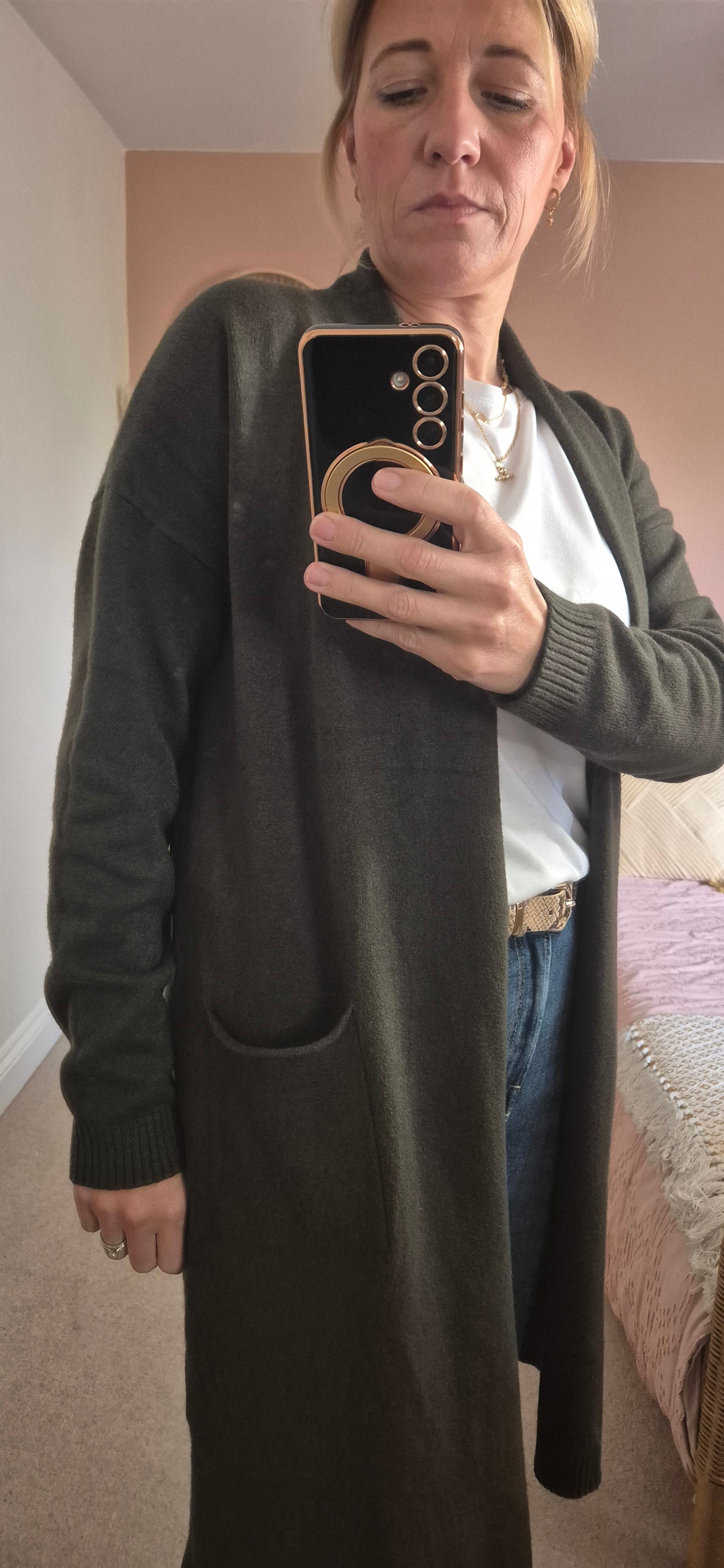 Soft Knit Long Cardigan with Star Detail - Khaki