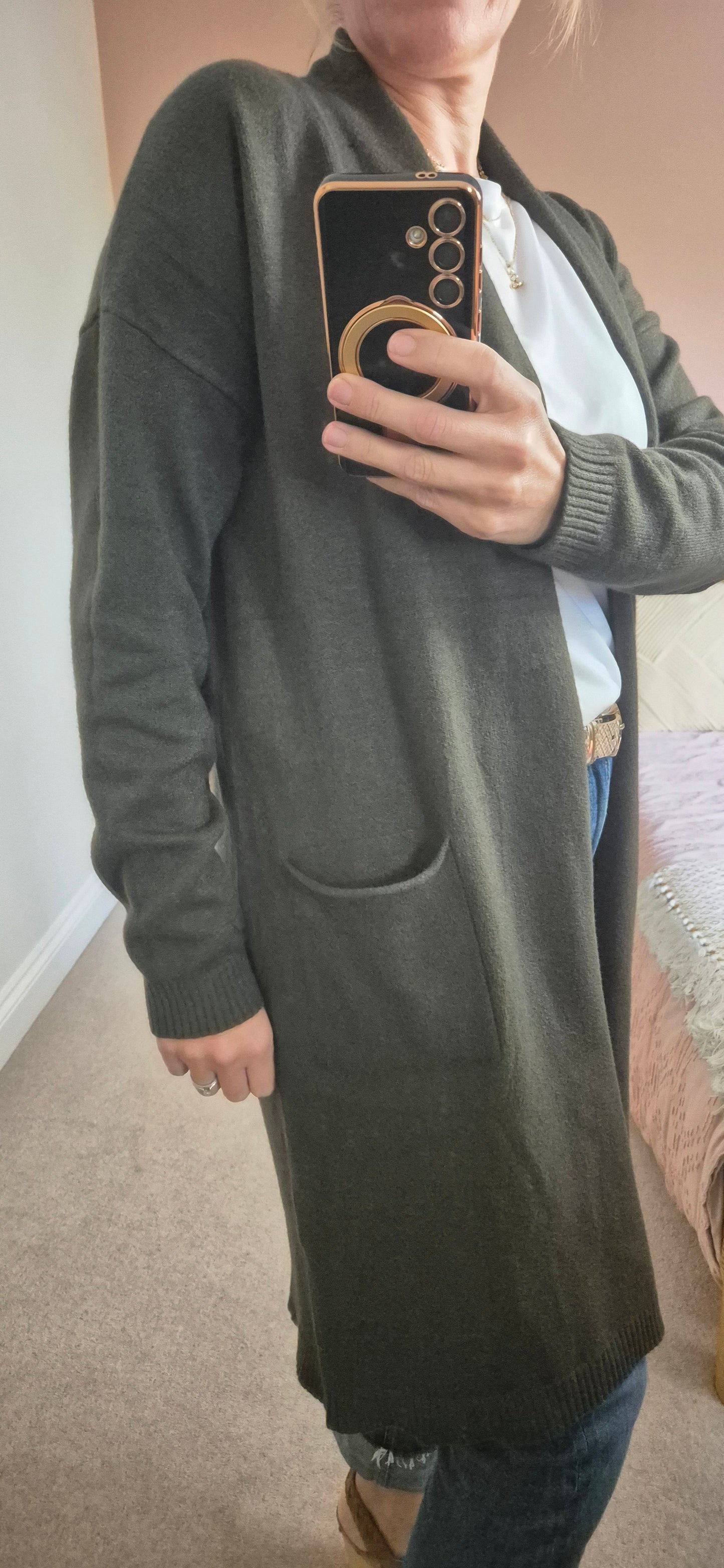 Soft Knit Long Cardigan with Star Detail - Khaki