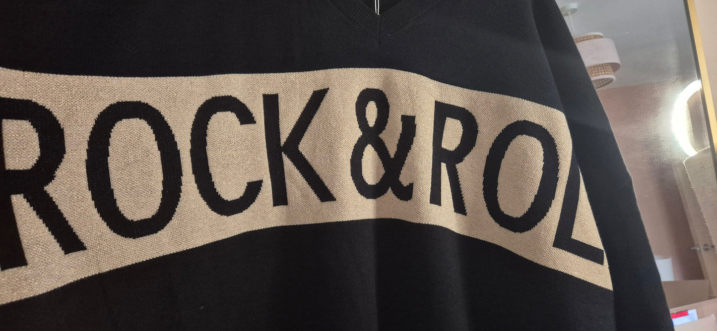 Black Rock & Roll V-Neck Jumper with Metallic Thread Detail