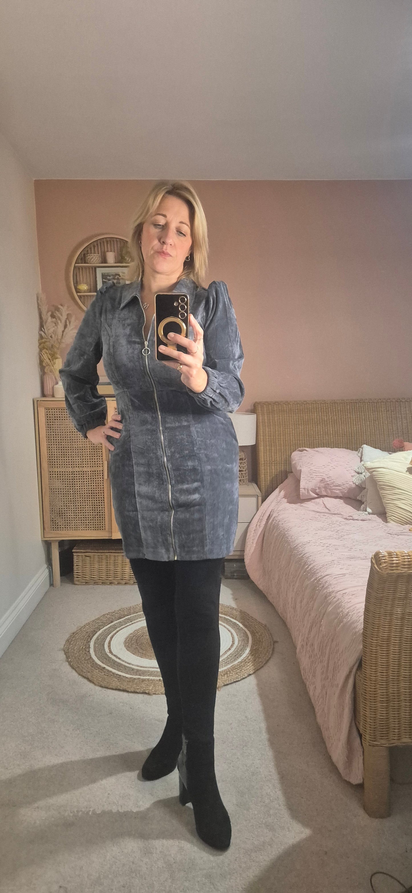 Long Sleeve Zip Through Cord Dress