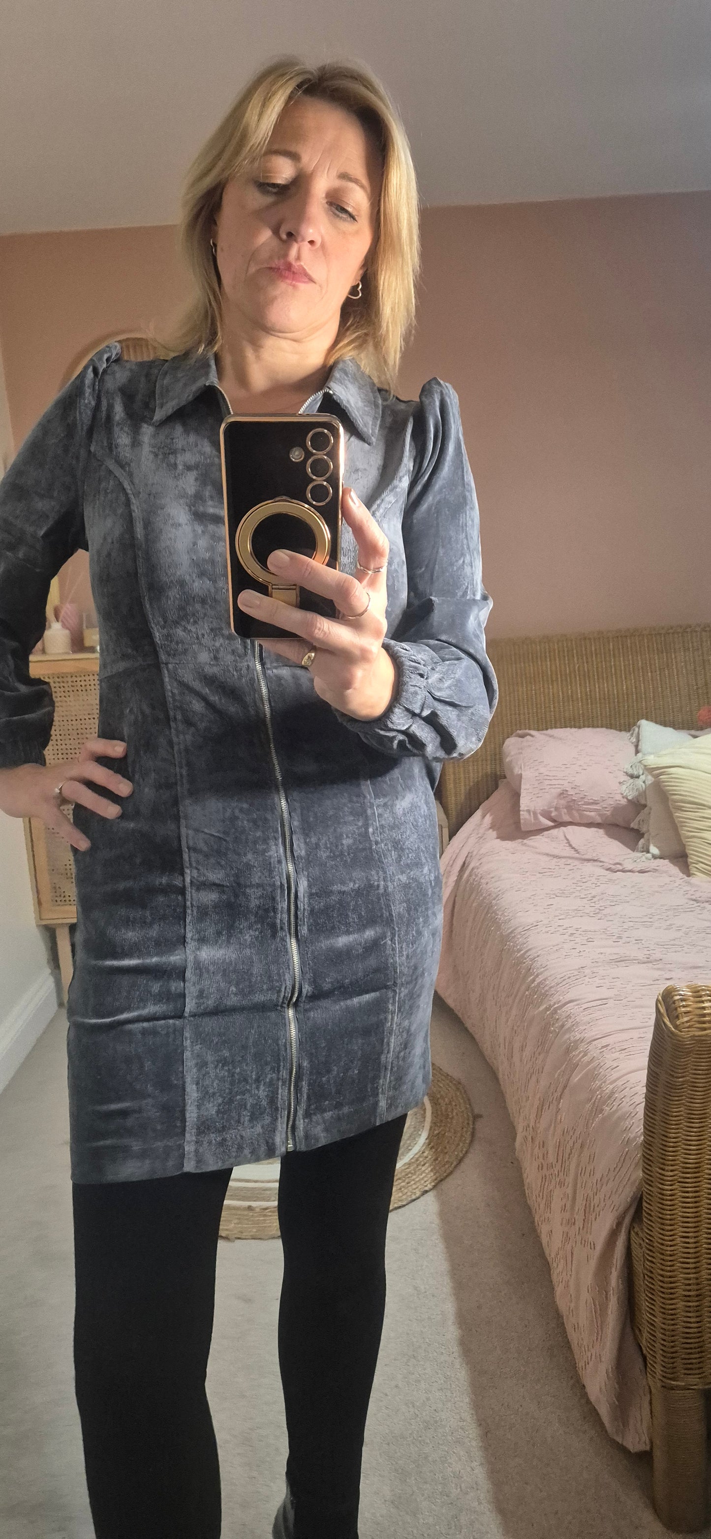 Long Sleeve Zip Through Cord Dress
