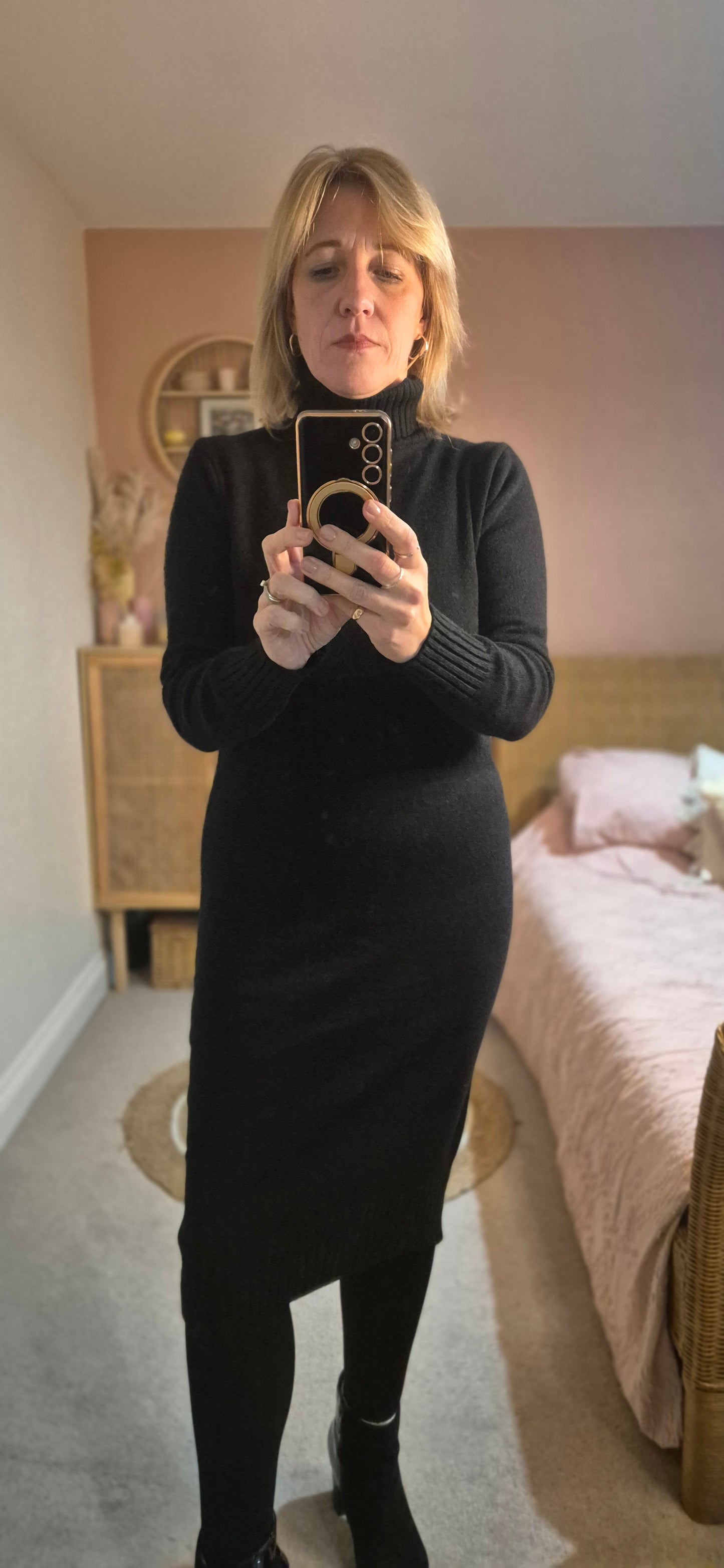 Soft Knit Roll Neck Midi Dress - Black