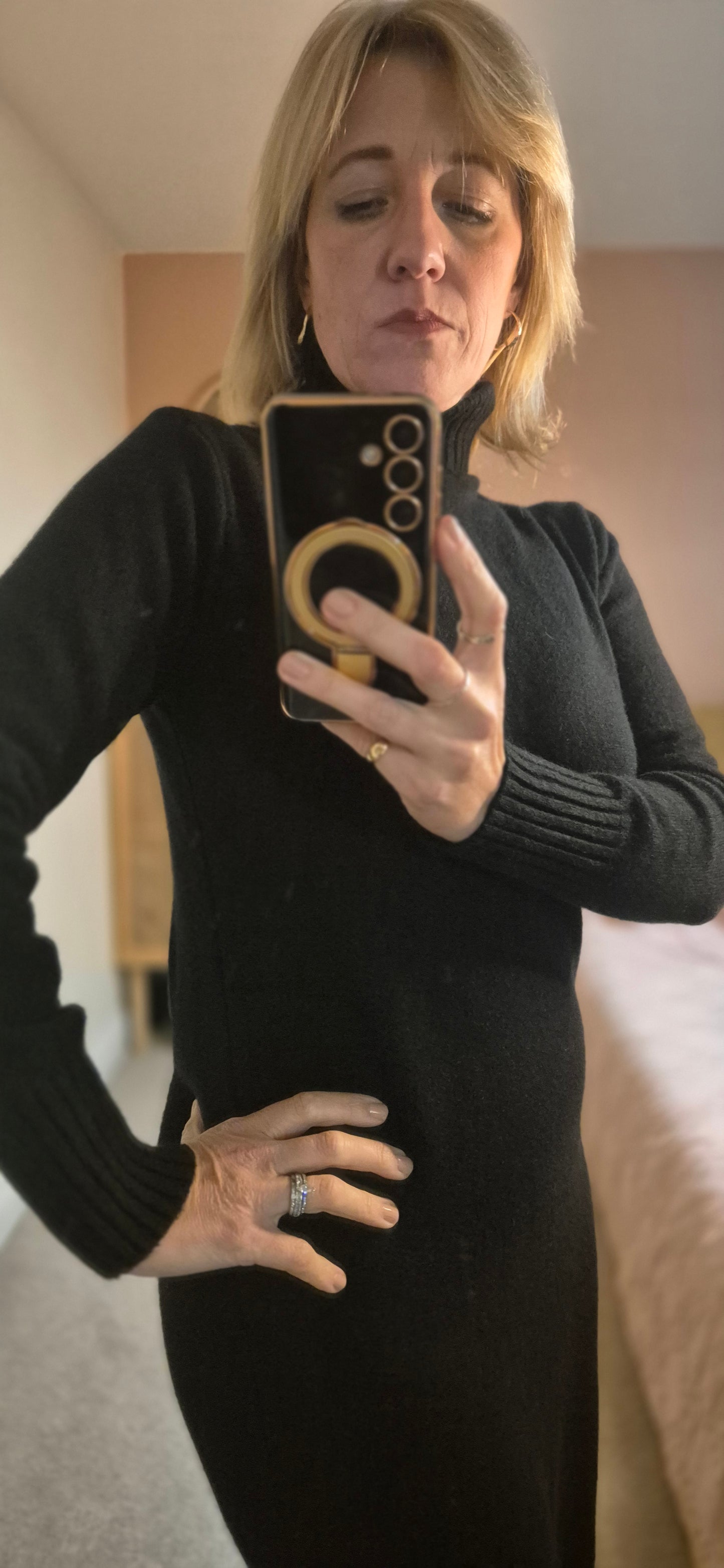 Soft Knit Roll Neck Midi Dress - Black