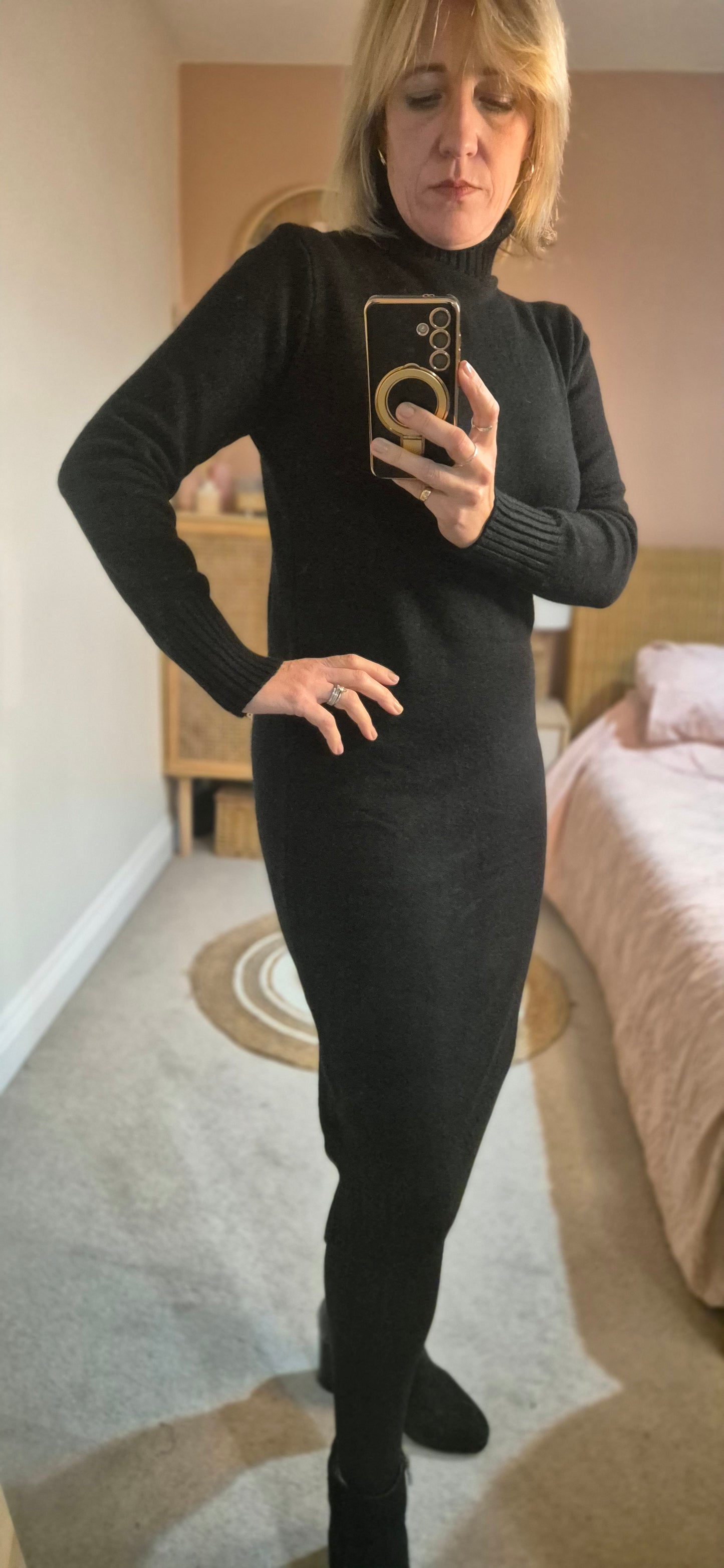 Soft Knit Roll Neck Midi Dress - Black