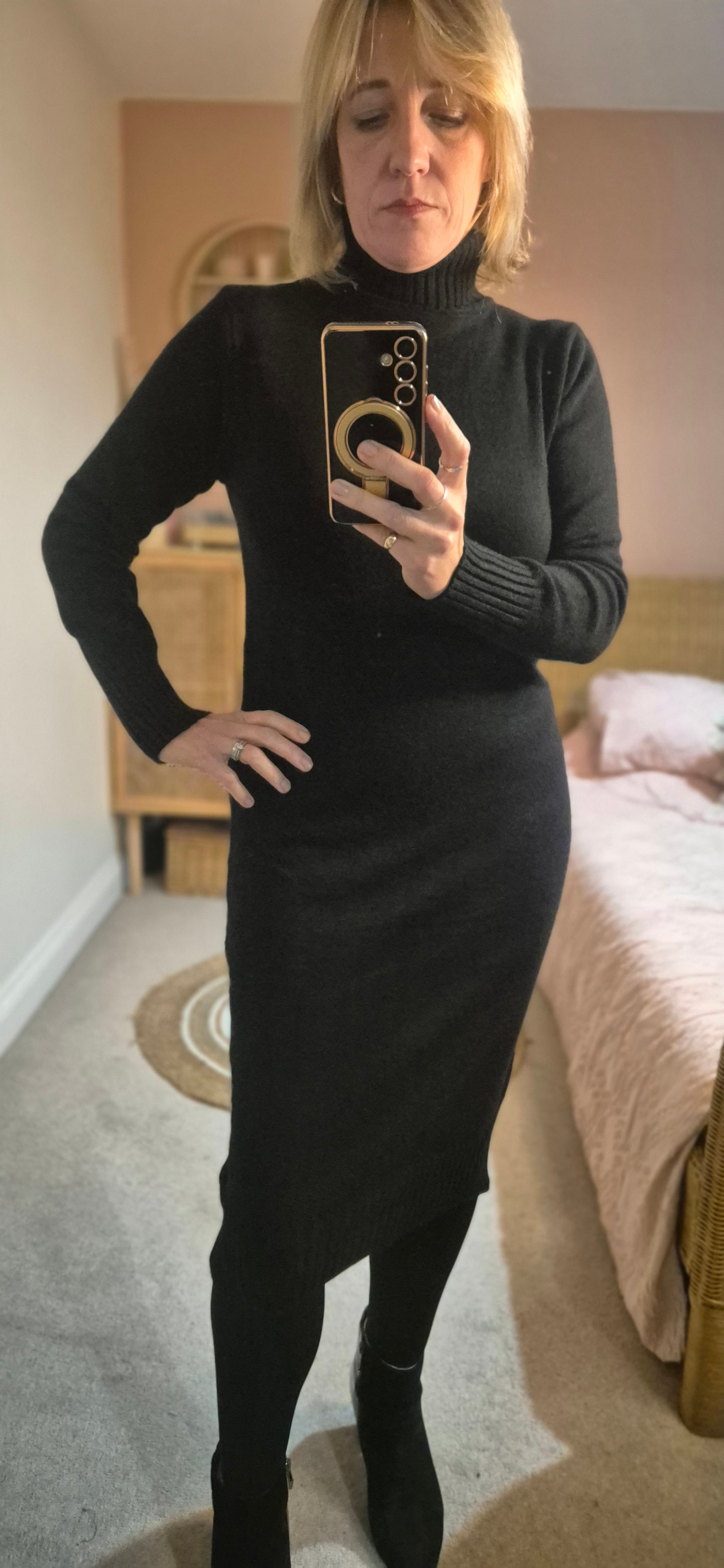Soft Knit Roll Neck Midi Dress - Black
