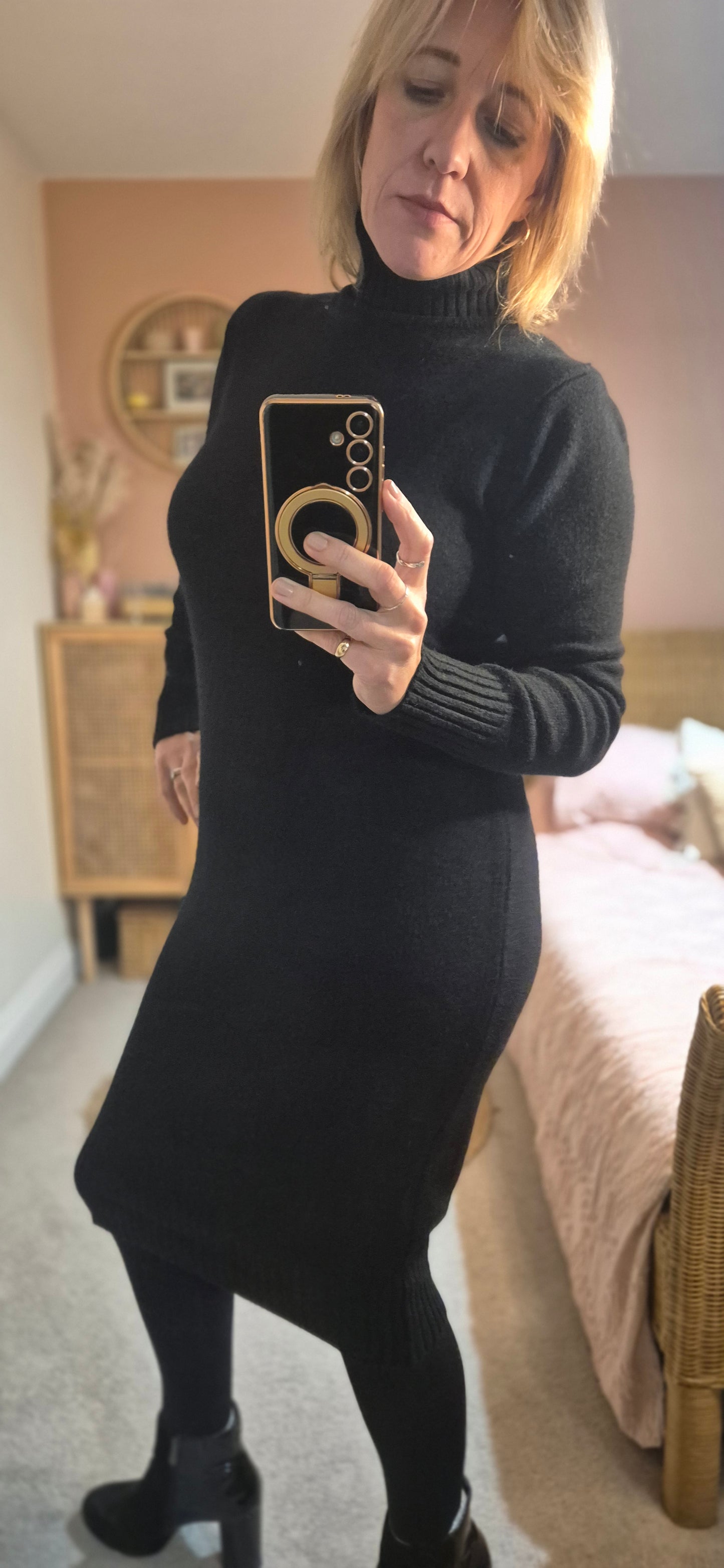 Soft Knit Roll Neck Midi Dress - Black