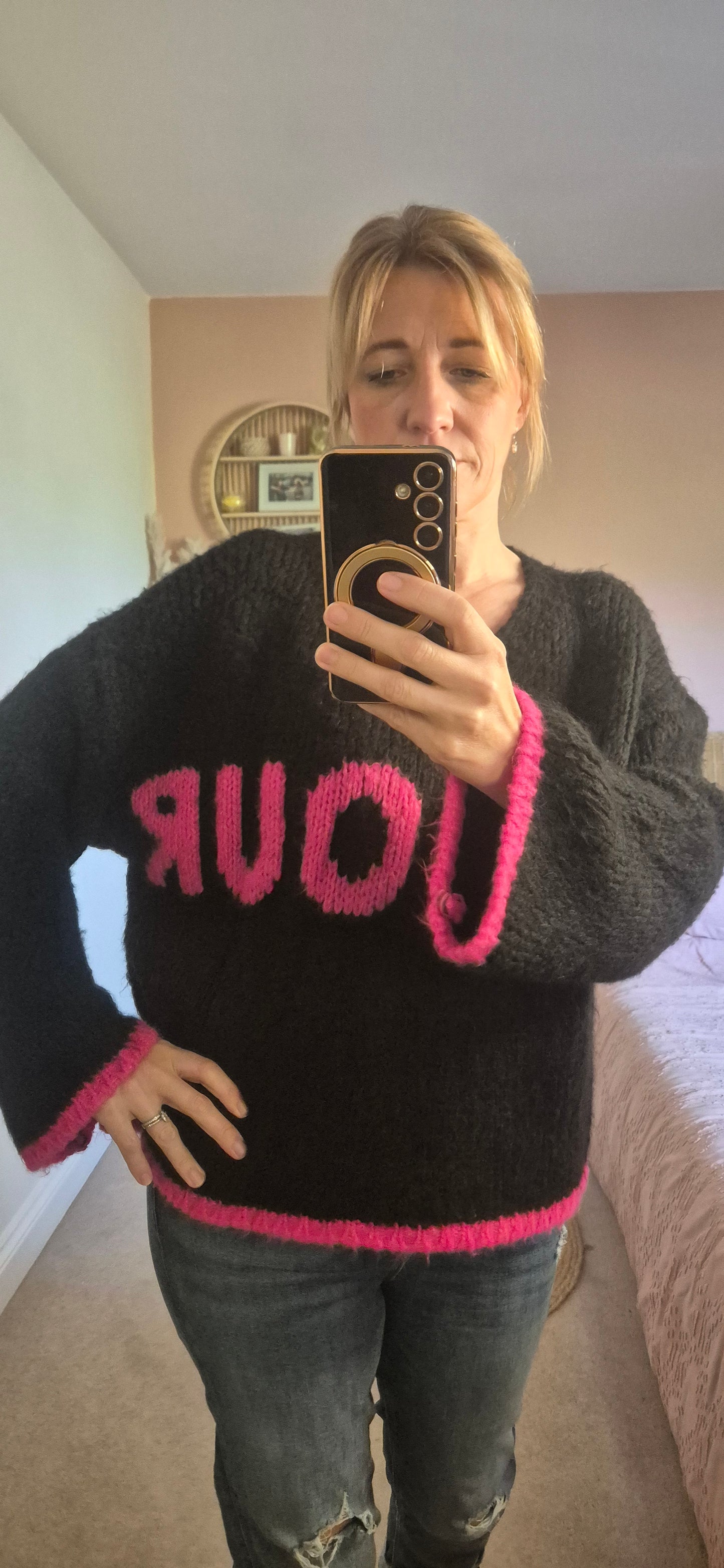 Black Chunky Knit V-Neck Sweater with Bright Pink "Amour" Slogan