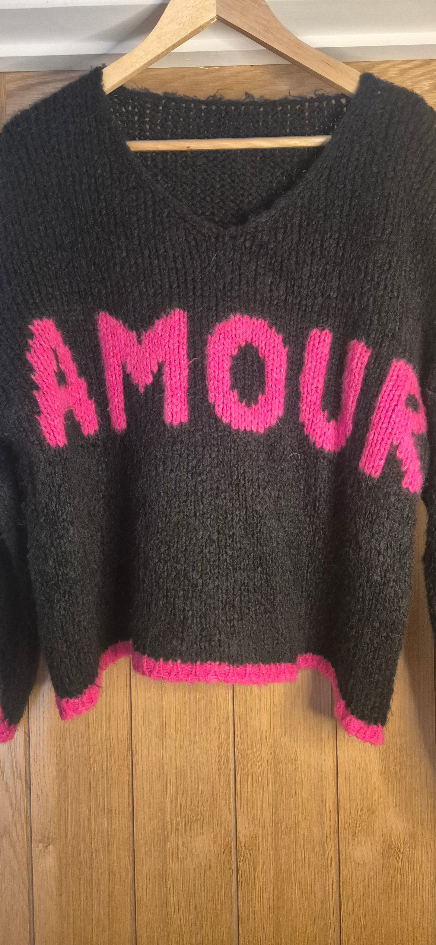 Black Chunky Knit V-Neck Sweater with Bright Pink "Amour" Slogan