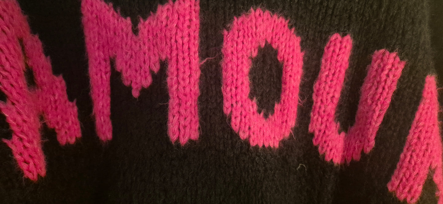 Black Chunky Knit V-Neck Sweater with Bright Pink "Amour" Slogan