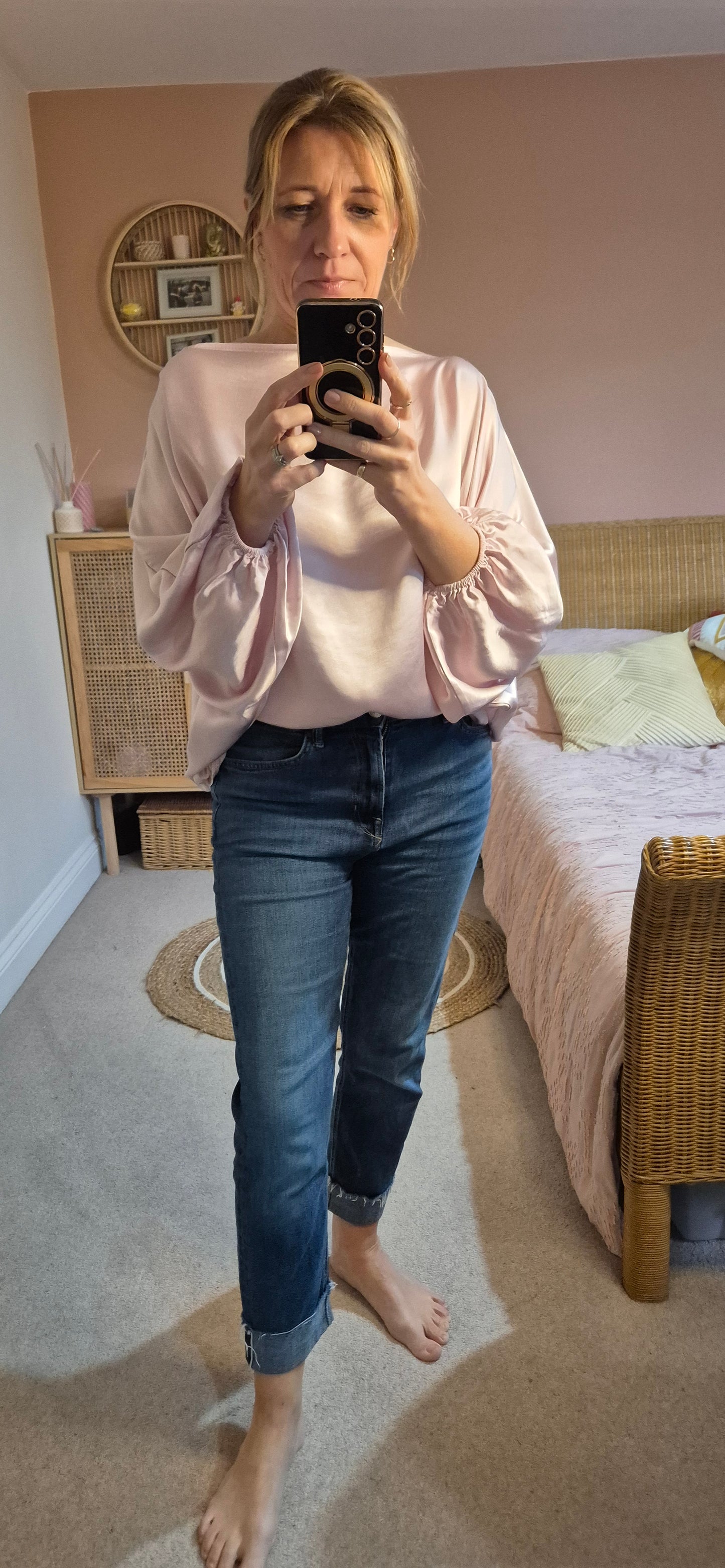 Satin Slash Neck Blouse - Pink
