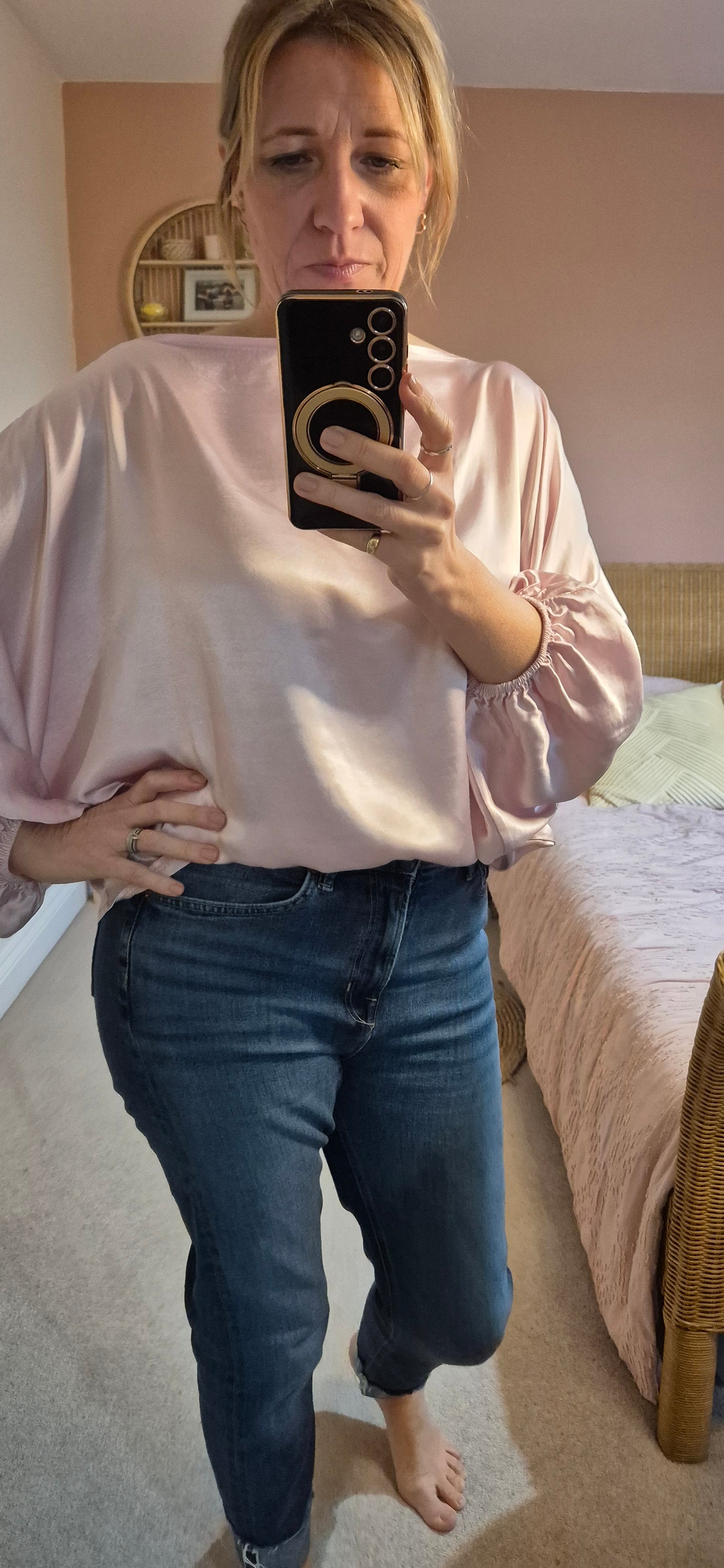 Satin Slash Neck Blouse - Pink