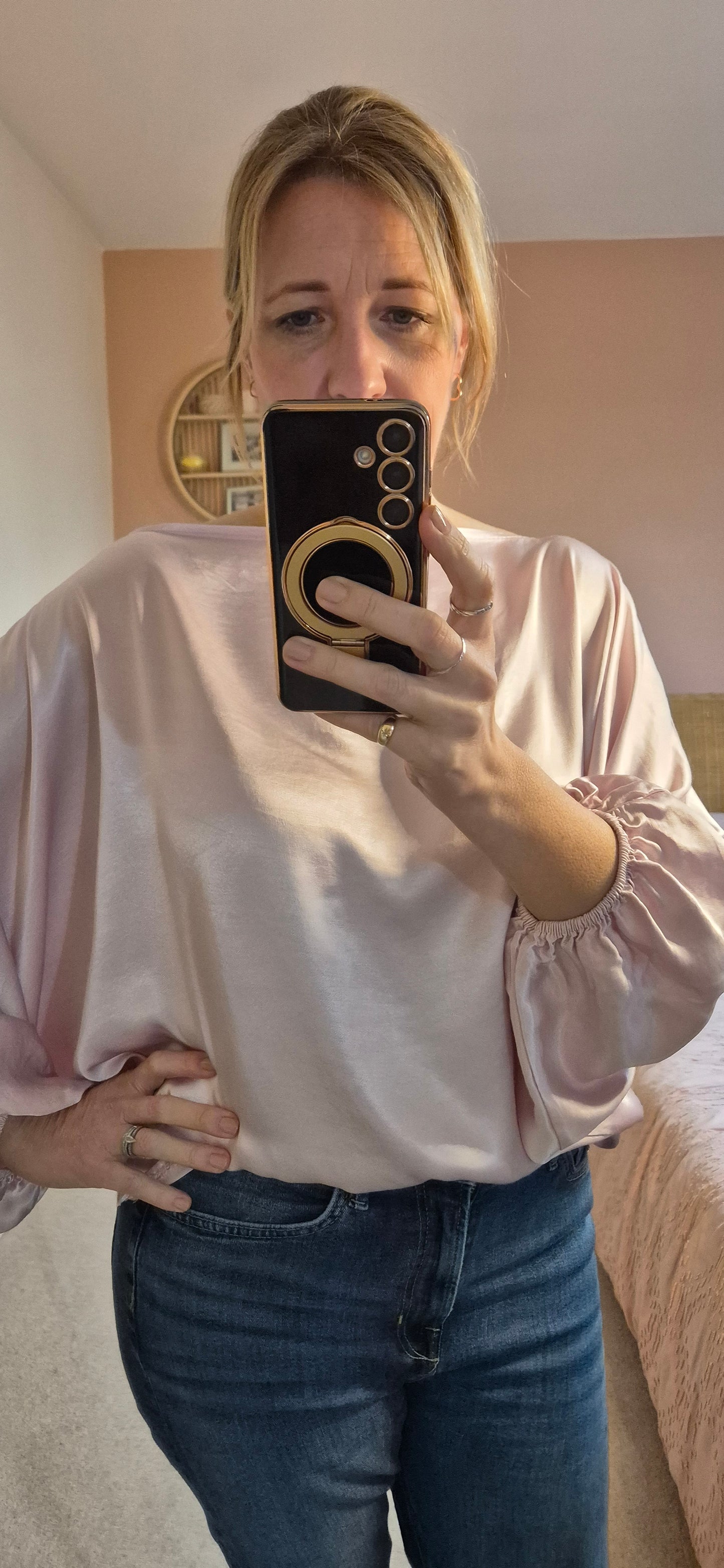 Satin Slash Neck Blouse - Pink