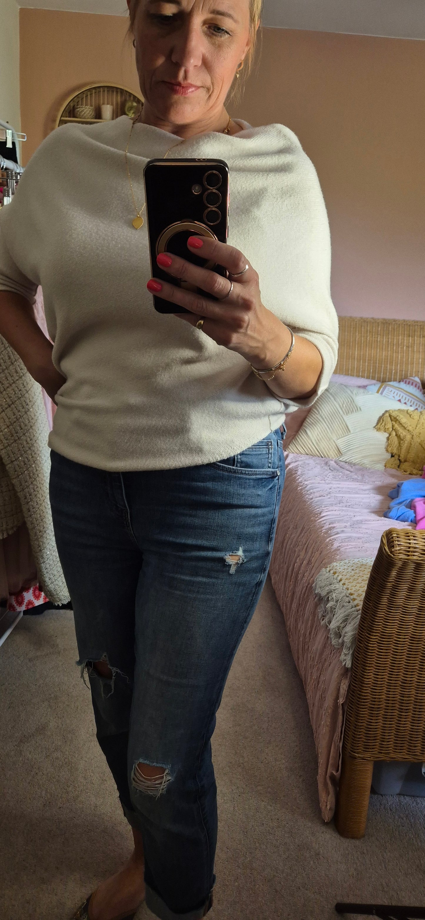 Asymmetrical 3/4 Sleeve Knit Sweater – Stone