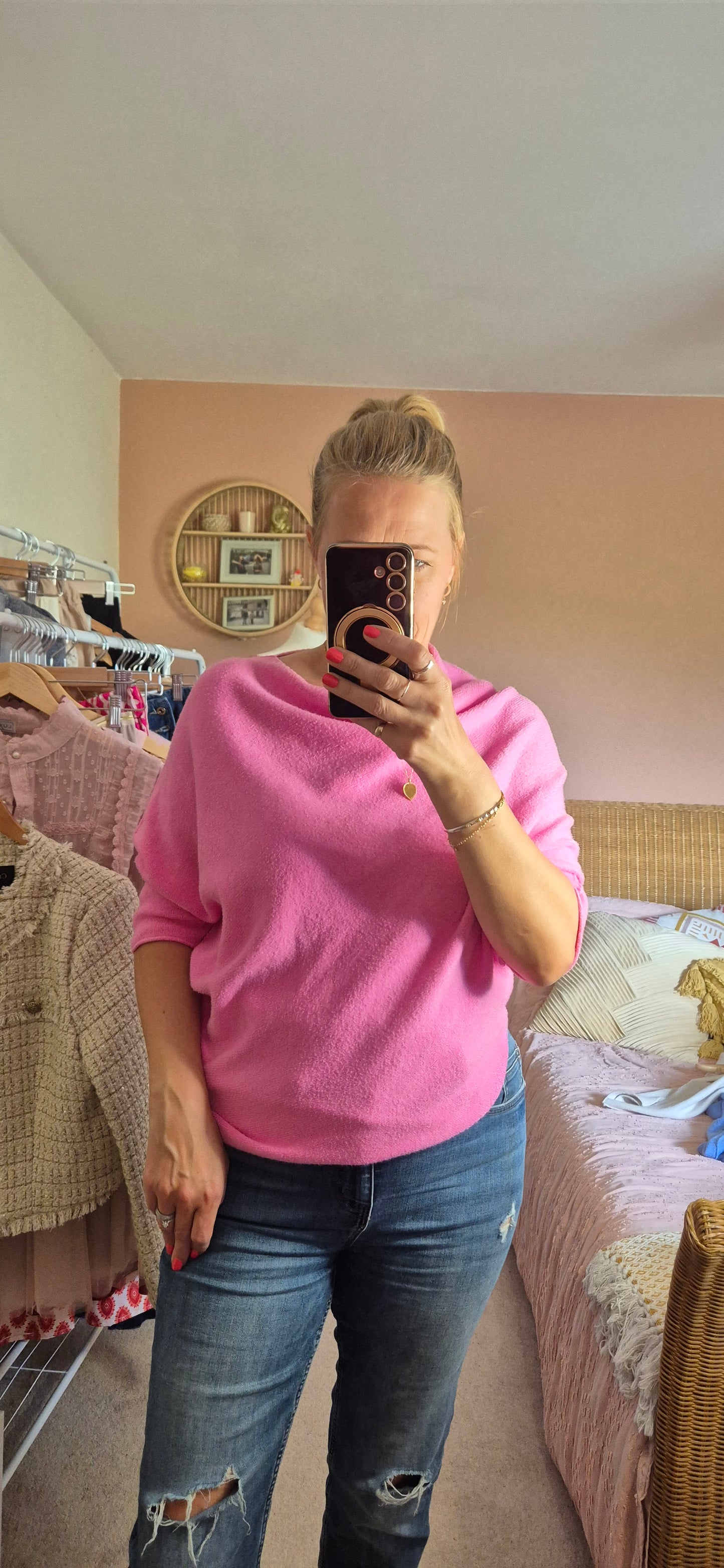 Asymmetrical 3/4 Sleeve Knit Sweater – Bubble Gum Pink