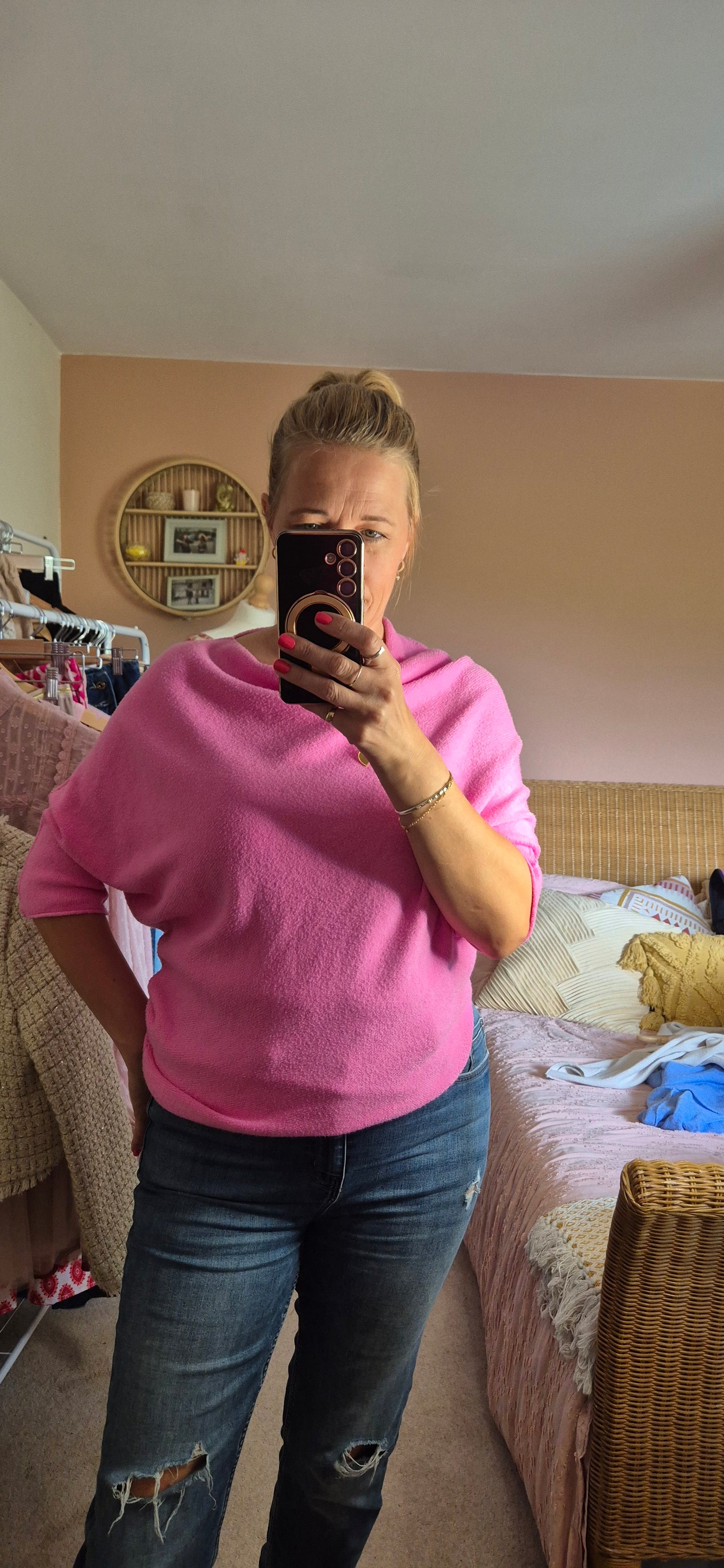 Asymmetrical 3/4 Sleeve Knit Sweater – Bubble Gum Pink