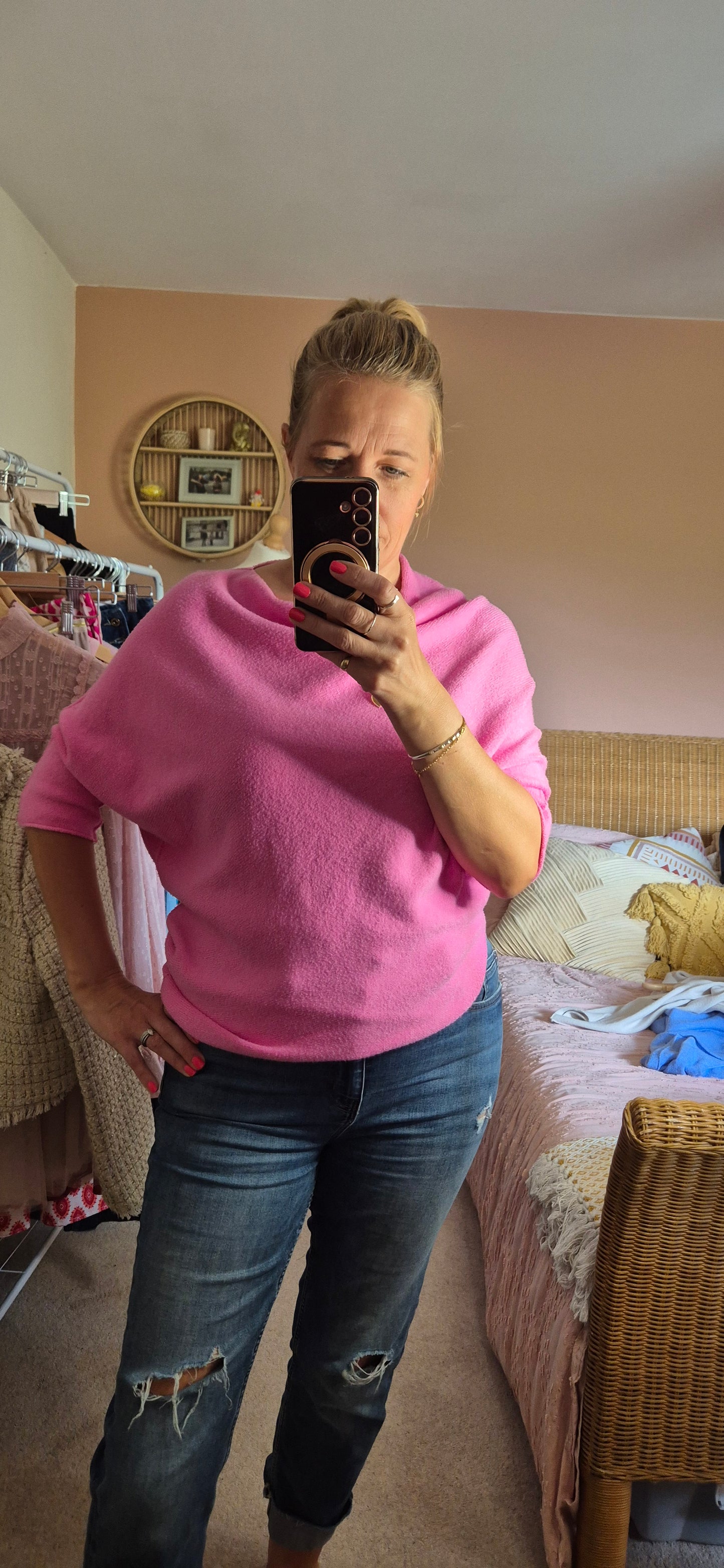 Asymmetrical 3/4 Sleeve Knit Sweater – Bubble Gum Pink