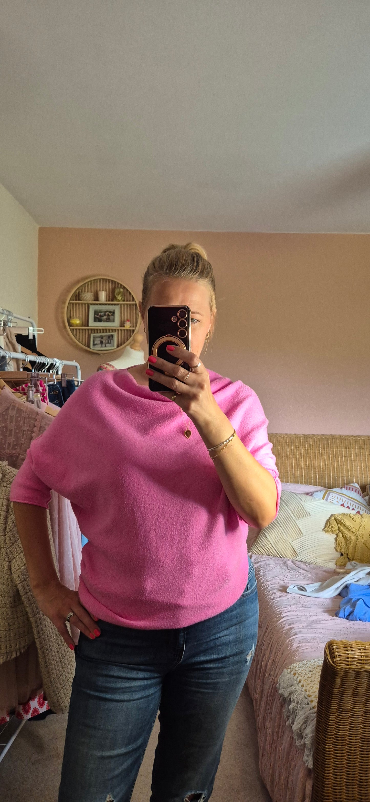 Asymmetrical 3/4 Sleeve Knit Sweater – Bubble Gum Pink