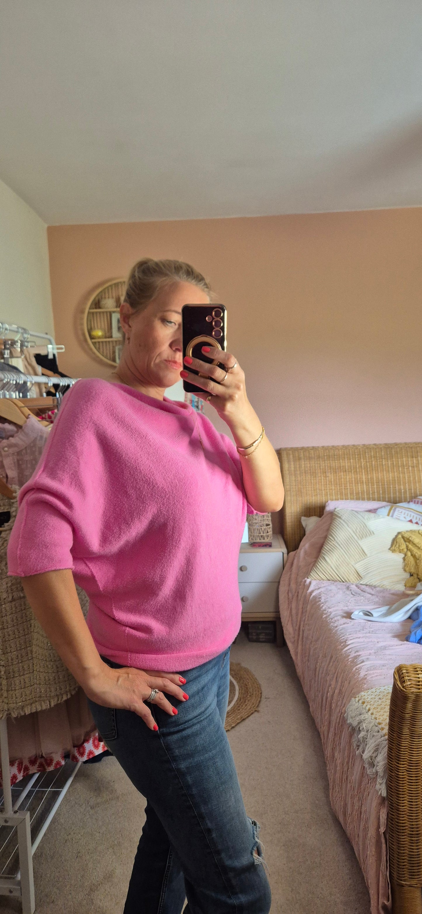 Asymmetrical 3/4 Sleeve Knit Sweater – Bubble Gum Pink