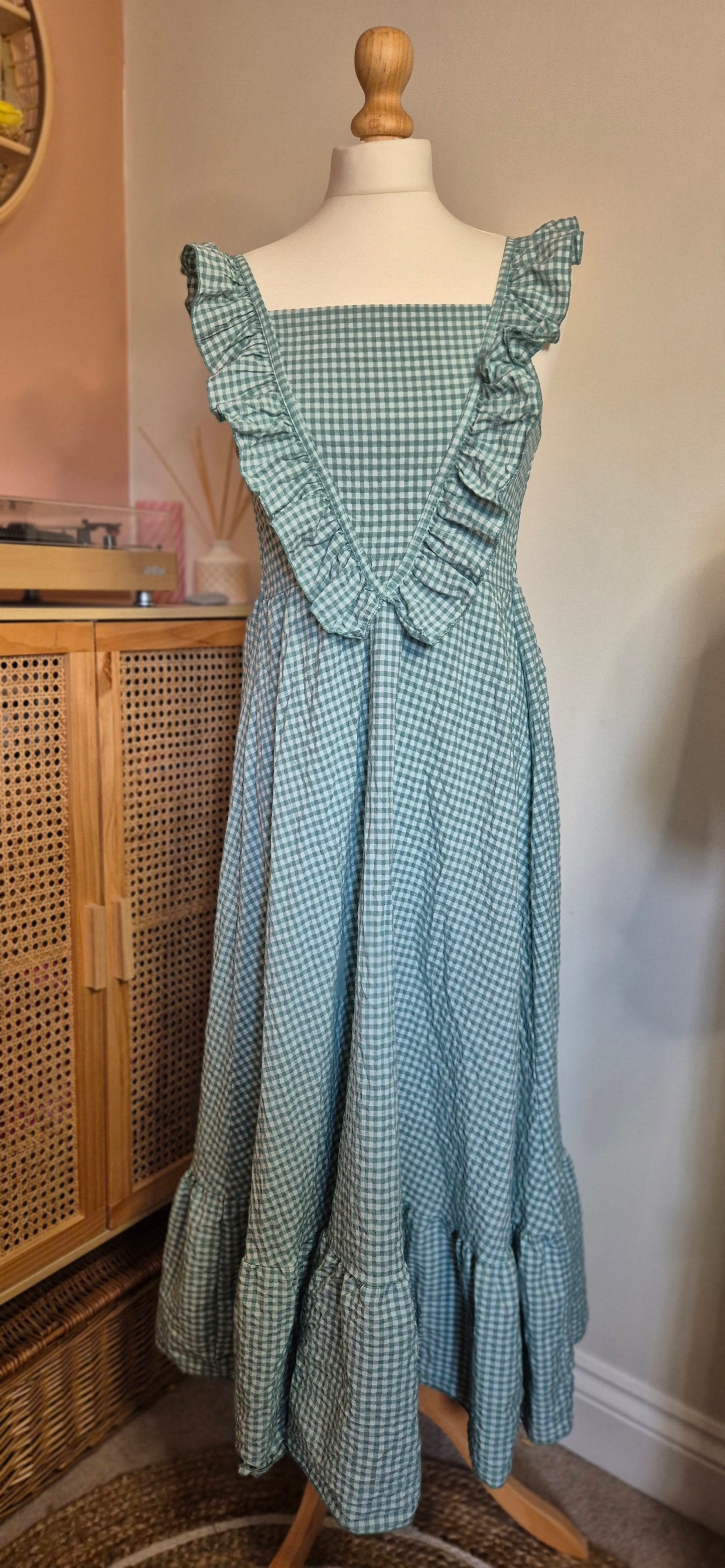 Sweet Meadow Gingham Frill Dress – One Size (Fits 8–14) Available in Green and Pink