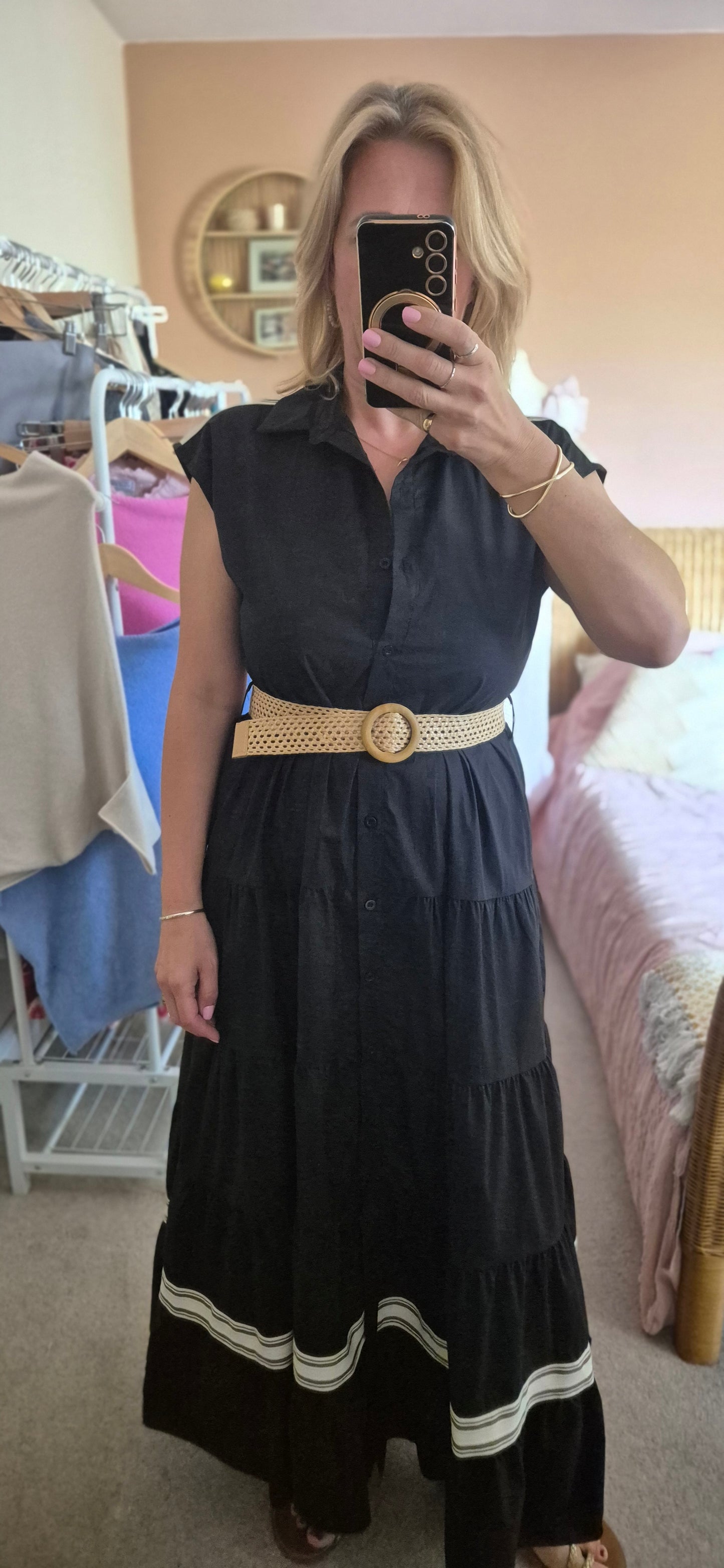 Belted Tiered Dress with Stripe Detail – Black / Stone
