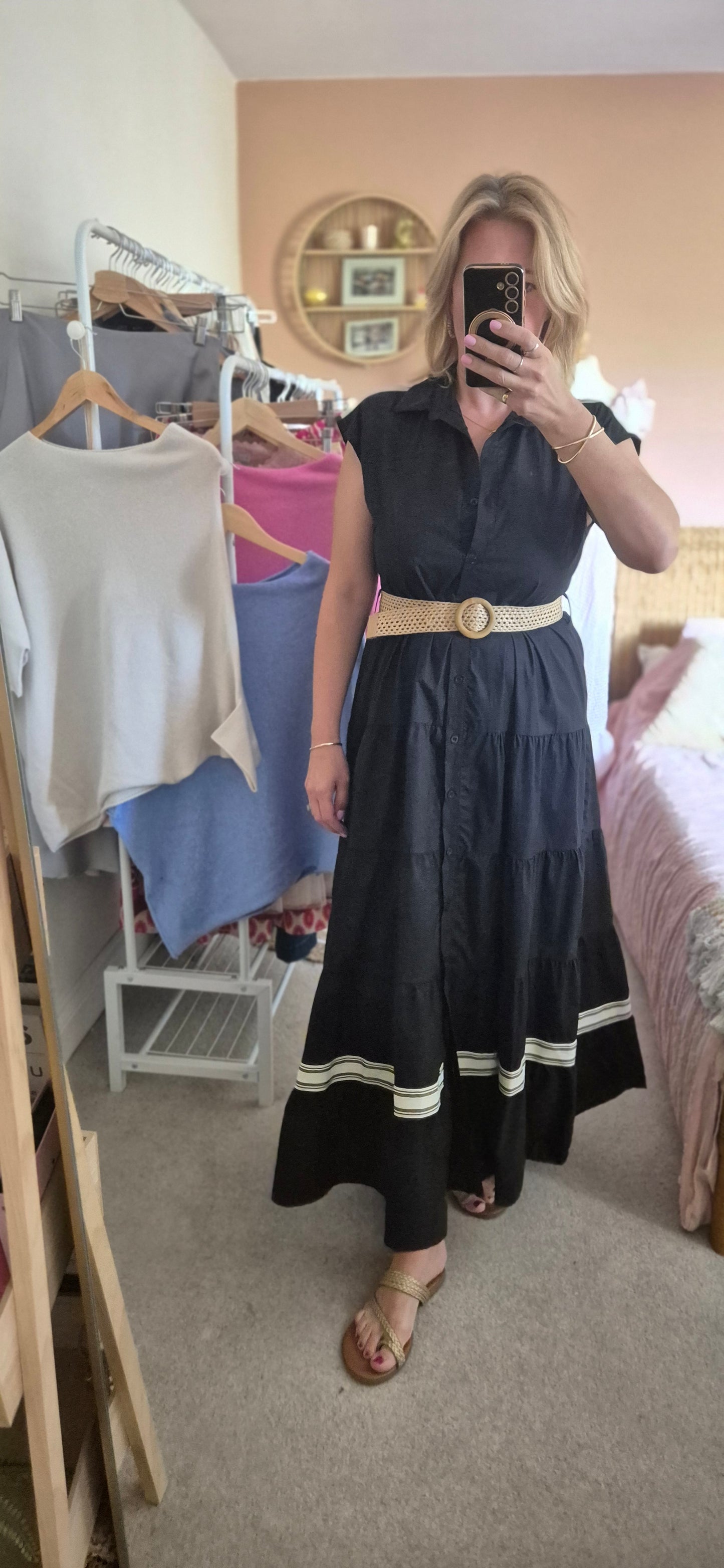 Belted Tiered Dress with Stripe Detail – Black / Stone