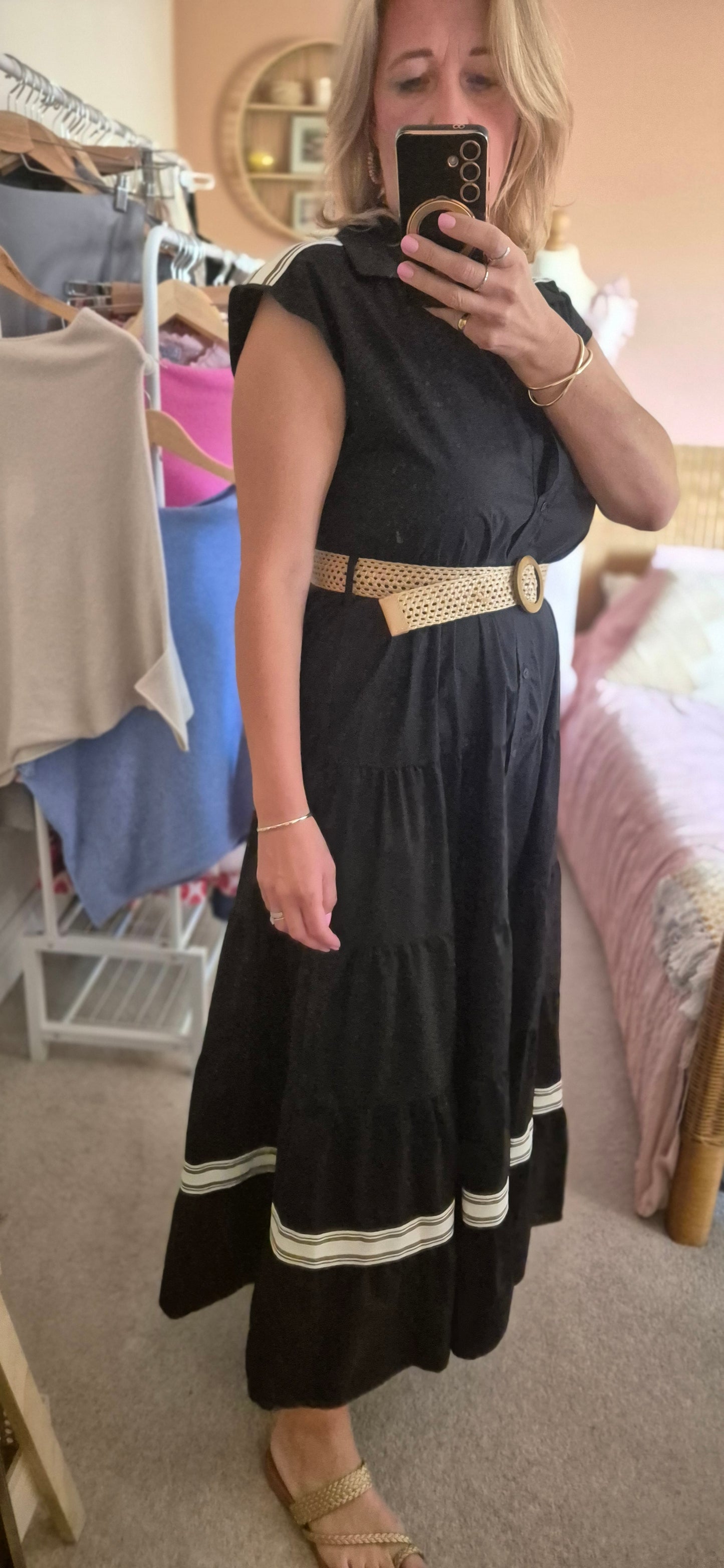Belted Tiered Dress with Stripe Detail – Black / Stone