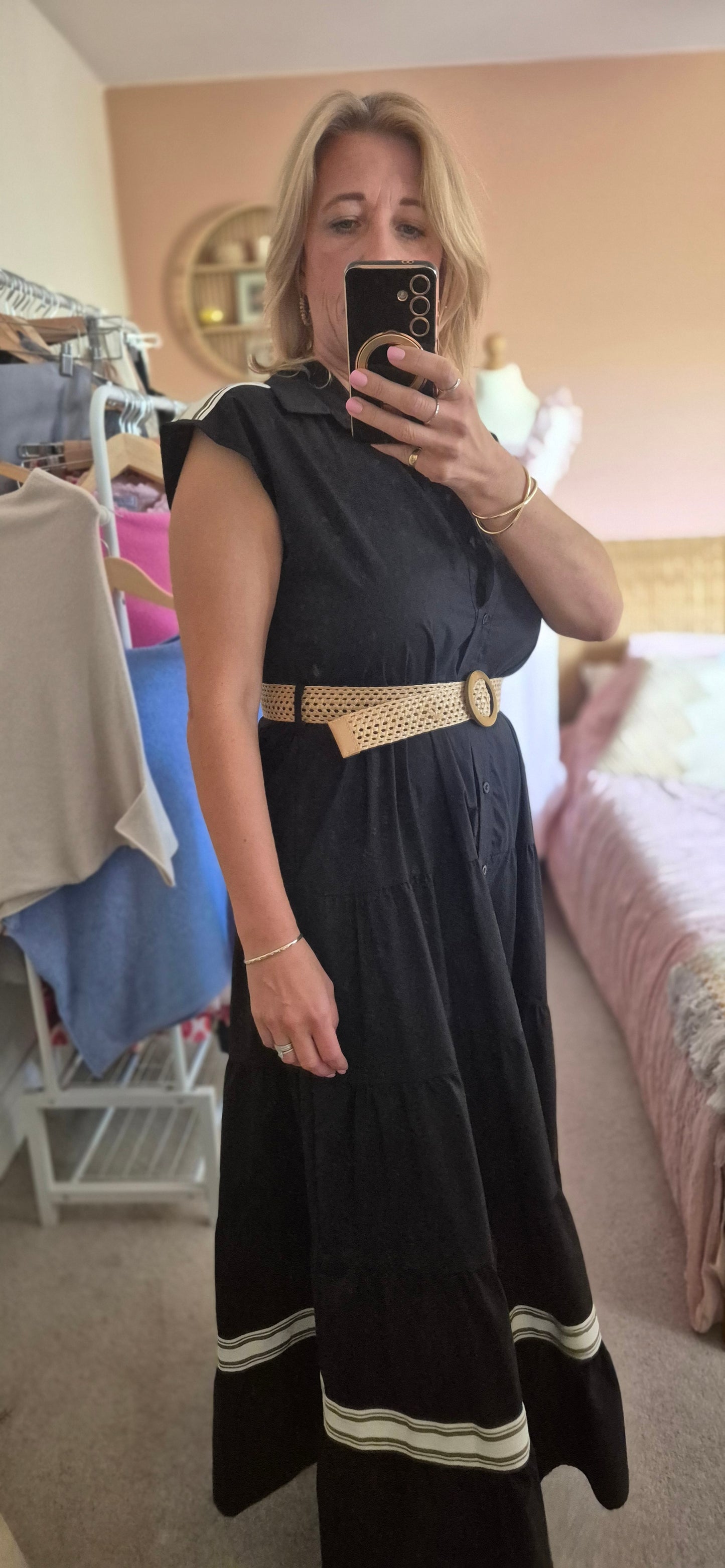 Belted Tiered Dress with Stripe Detail – Black / Stone