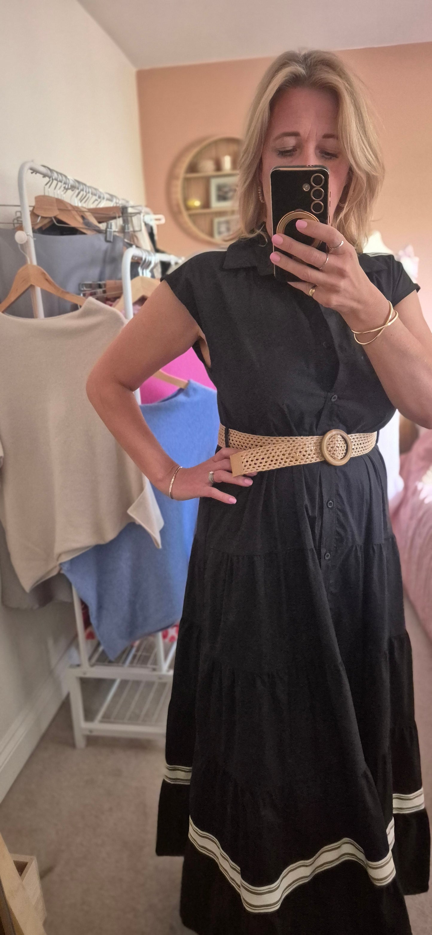 Belted Tiered Dress with Stripe Detail – Black / Stone