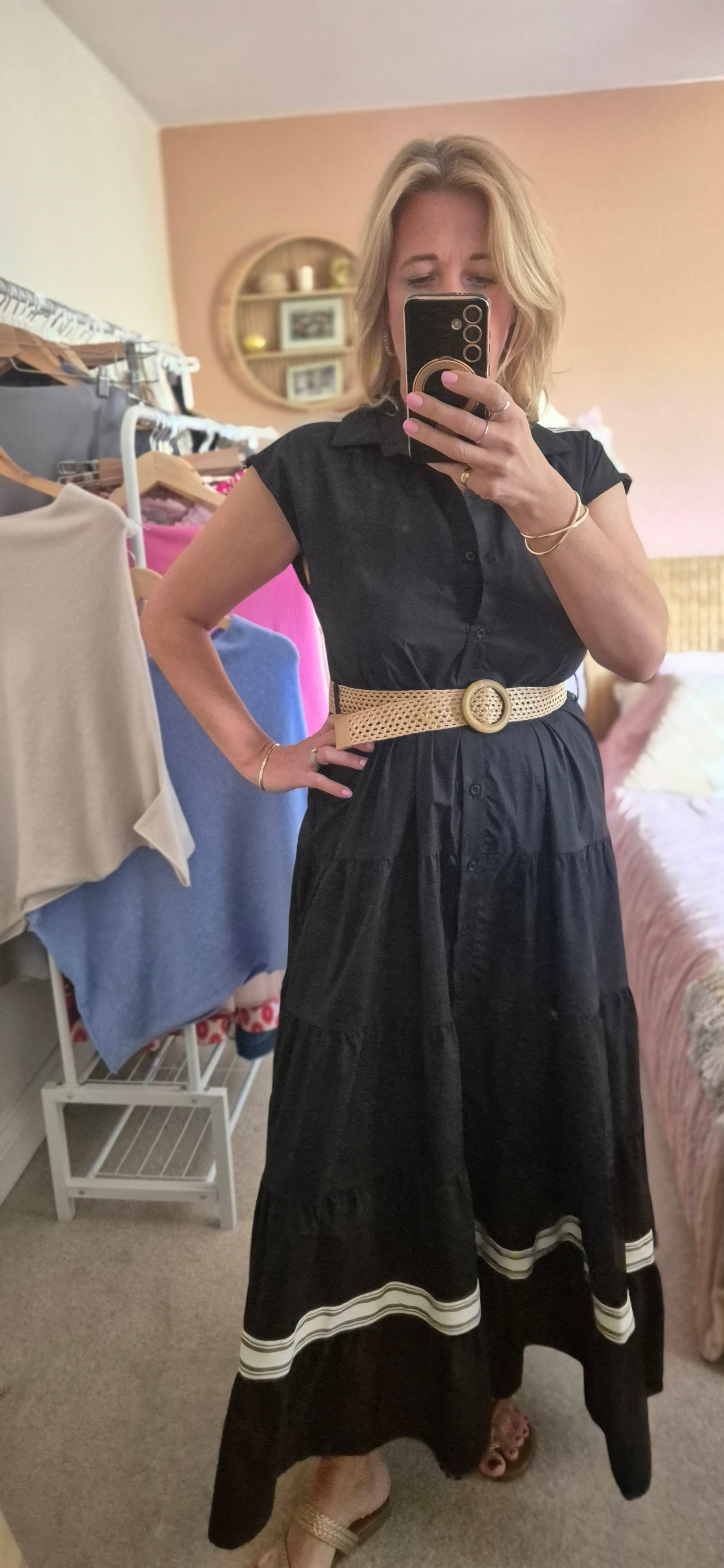 Belted Tiered Dress with Stripe Detail – Black / Stone