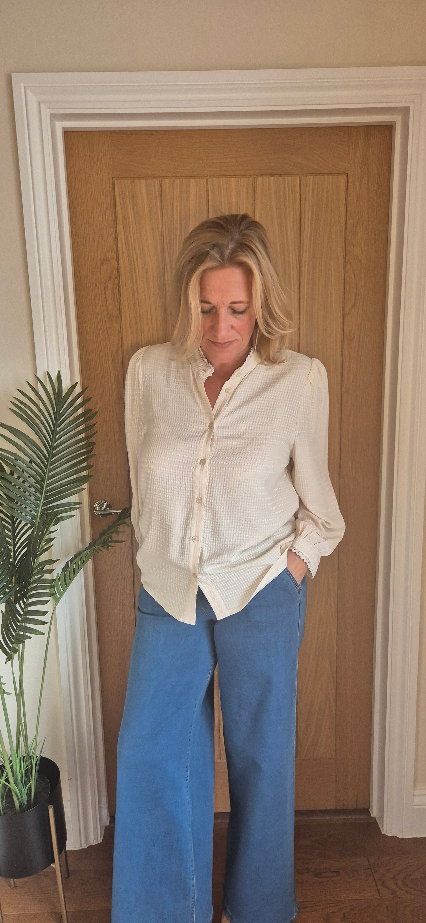 Nella Blouse – Cream High Neck with Lace Edging