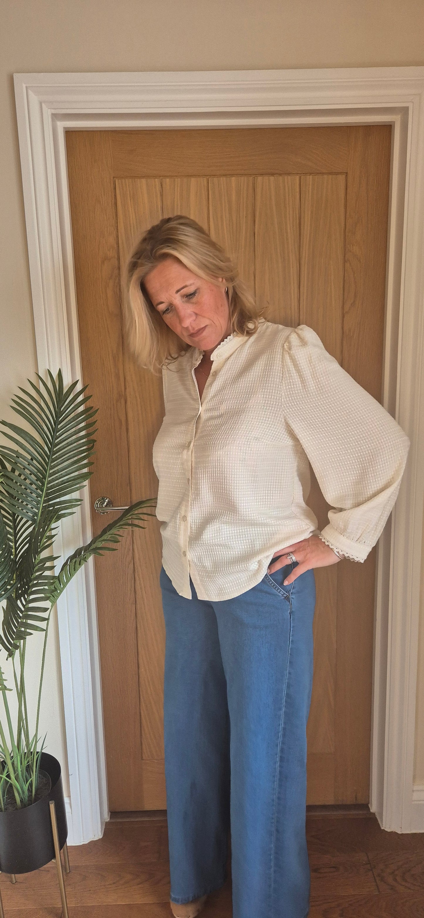 Nella Blouse – Cream High Neck with Lace Edging