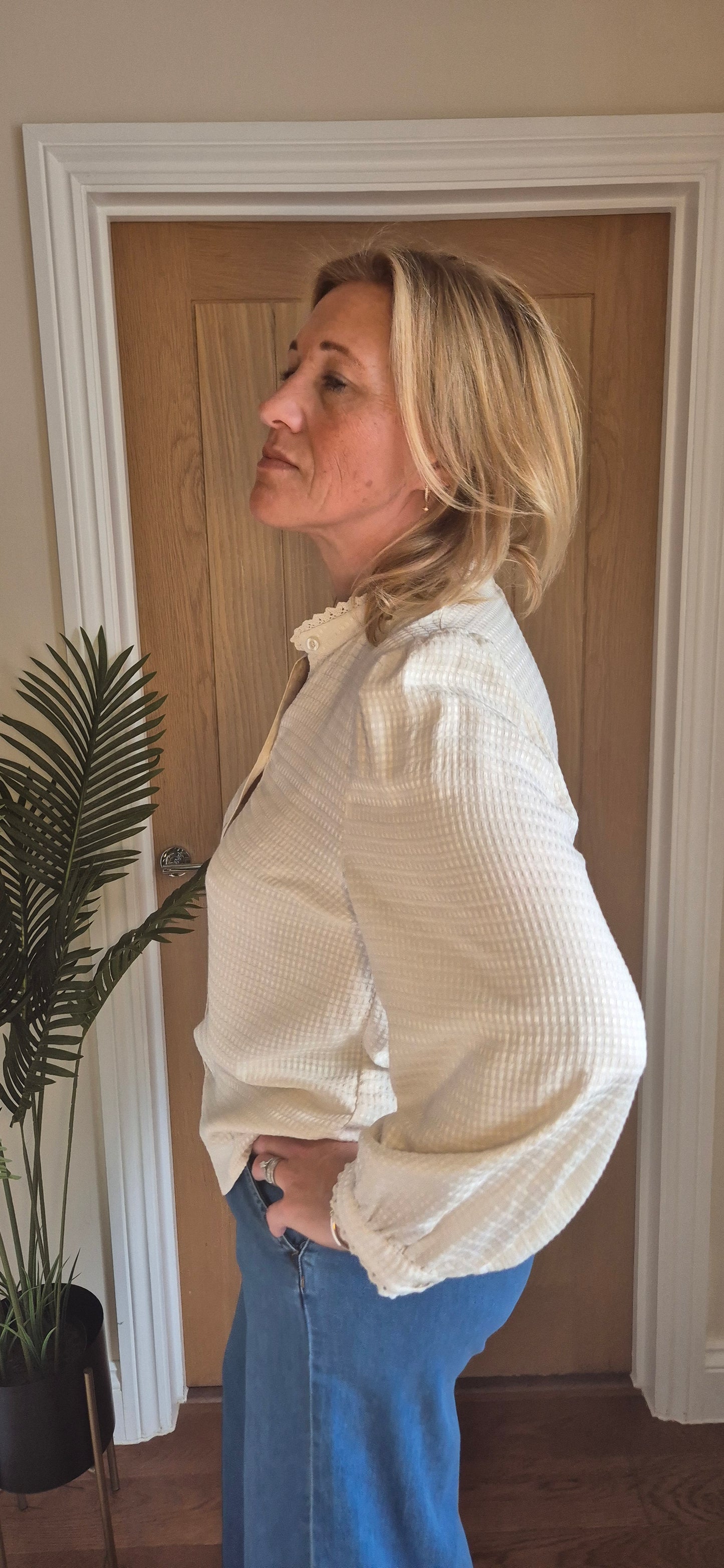 Nella Blouse – Cream High Neck with Lace Edging