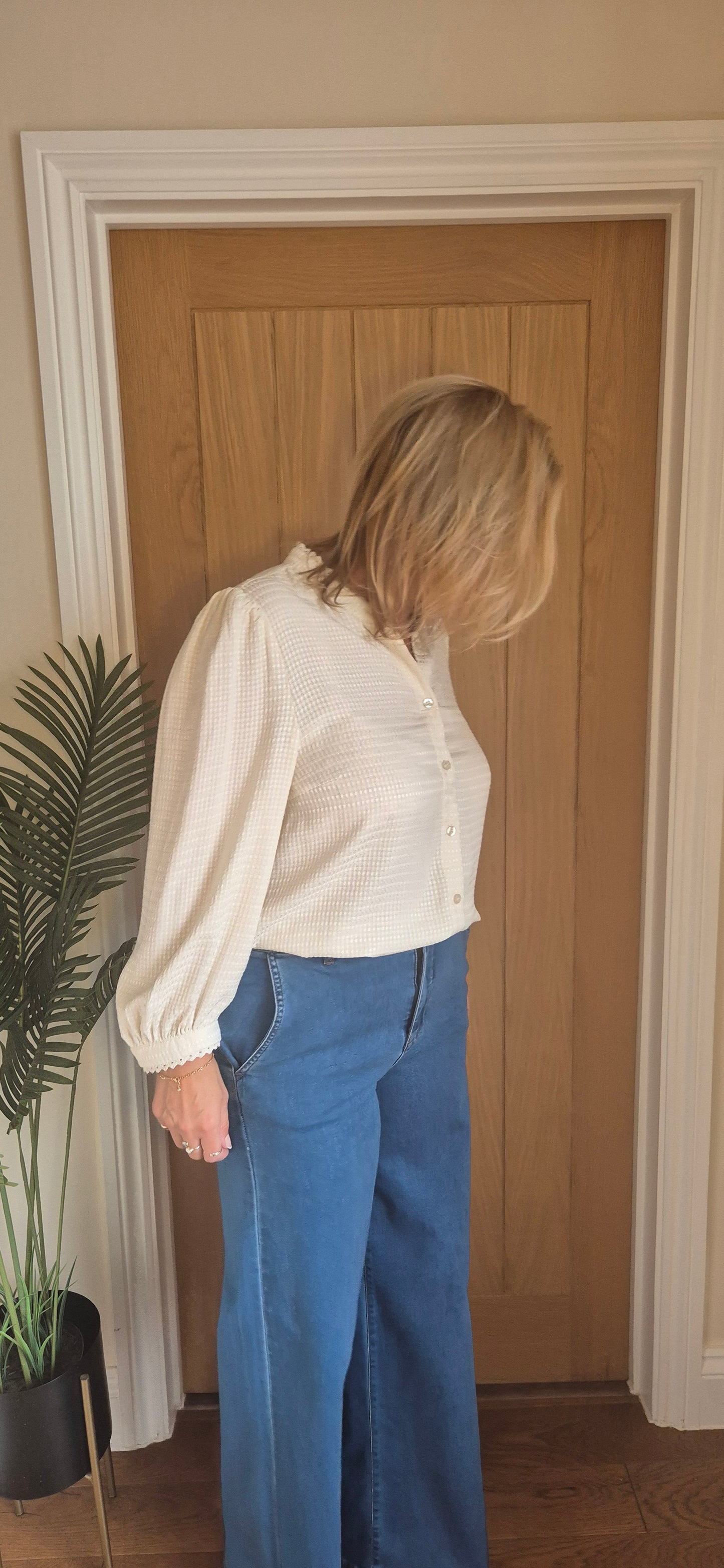 Nella Blouse – Cream High Neck with Lace Edging