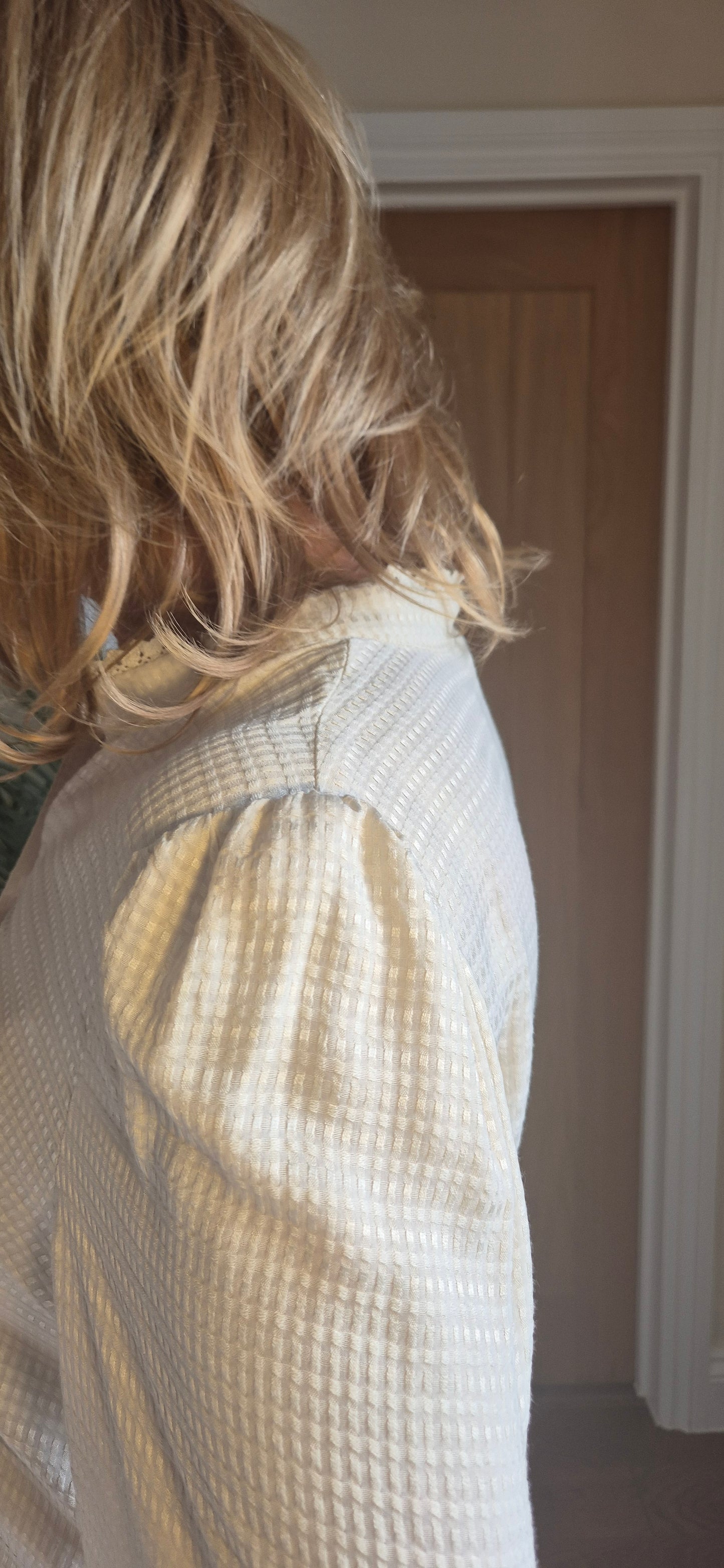 Nella Blouse – Cream High Neck with Lace Edging
