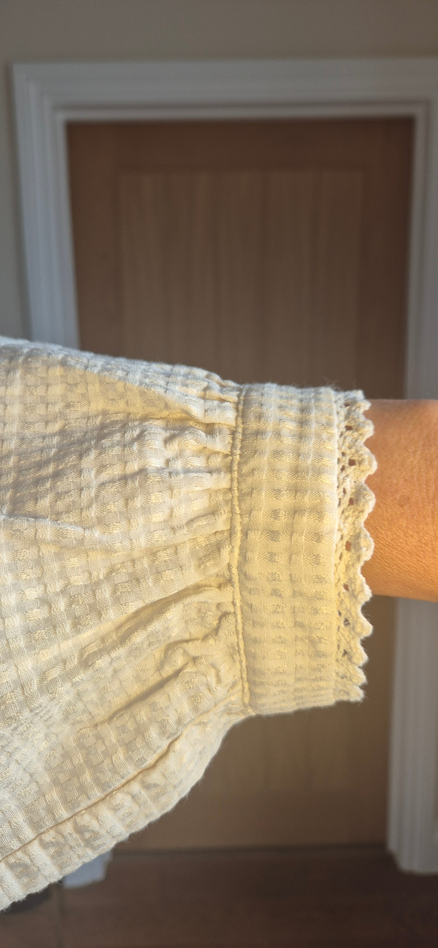 Nella Blouse – Cream High Neck with Lace Edging