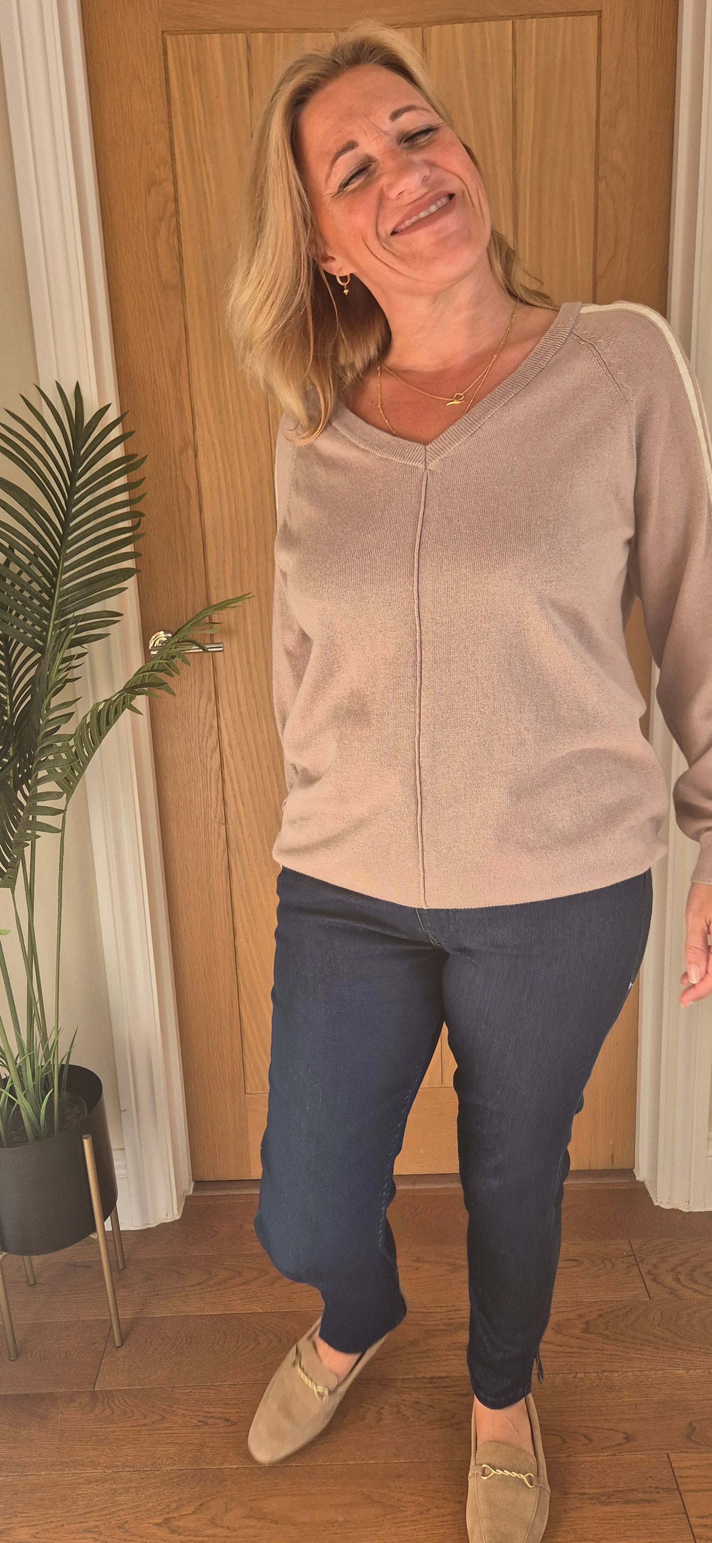 Talia Sweater – V-Neck Stripe Sleeve Knit