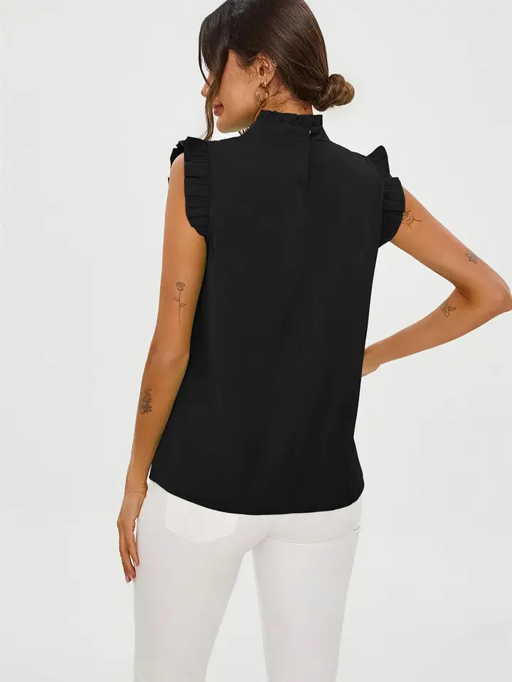Ruffle Trim High Neck Blouse - Black