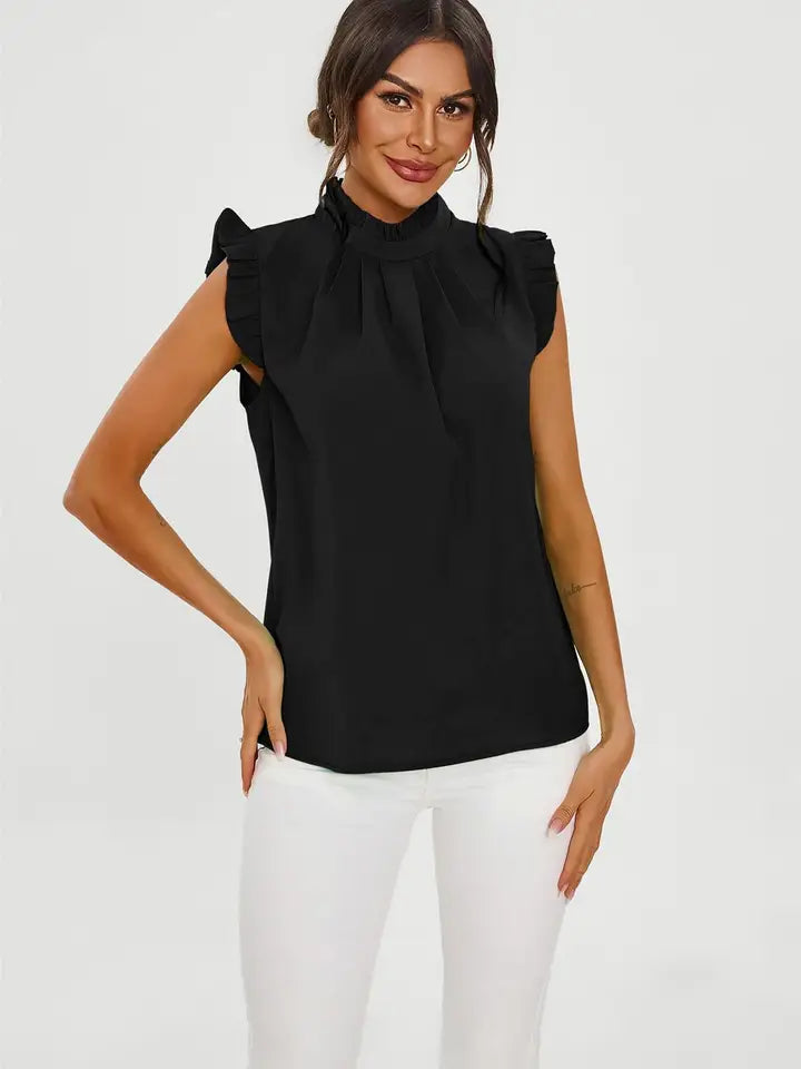 Ruffle Trim High Neck Blouse - Black